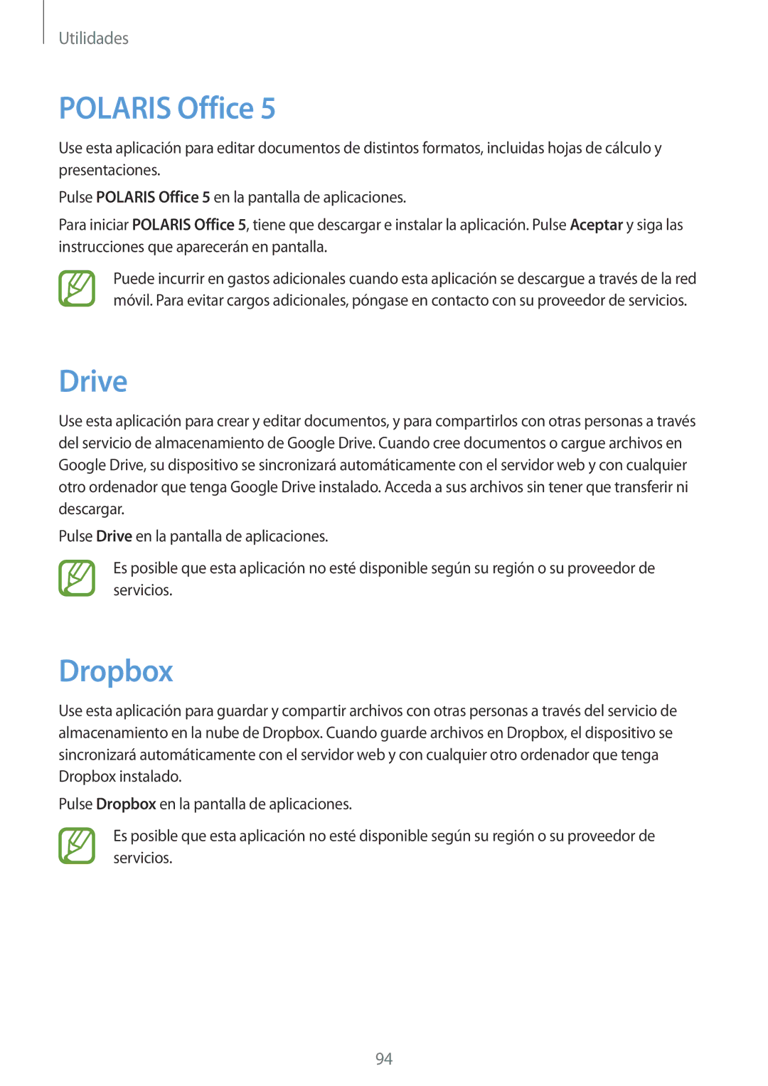 Samsung GT-N8020EAAATL manual Polaris Office, Drive, Dropbox 