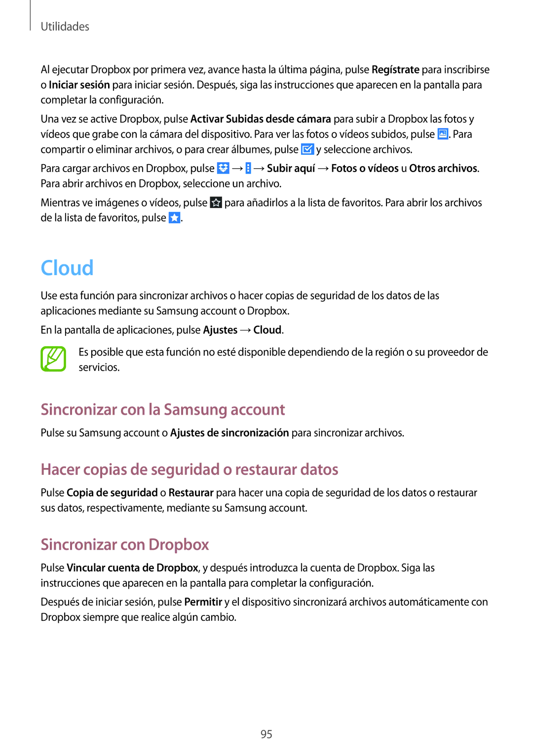 Samsung GT-N8020EAAATL manual Cloud, Sincronizar con la Samsung account, Hacer copias de seguridad o restaurar datos 