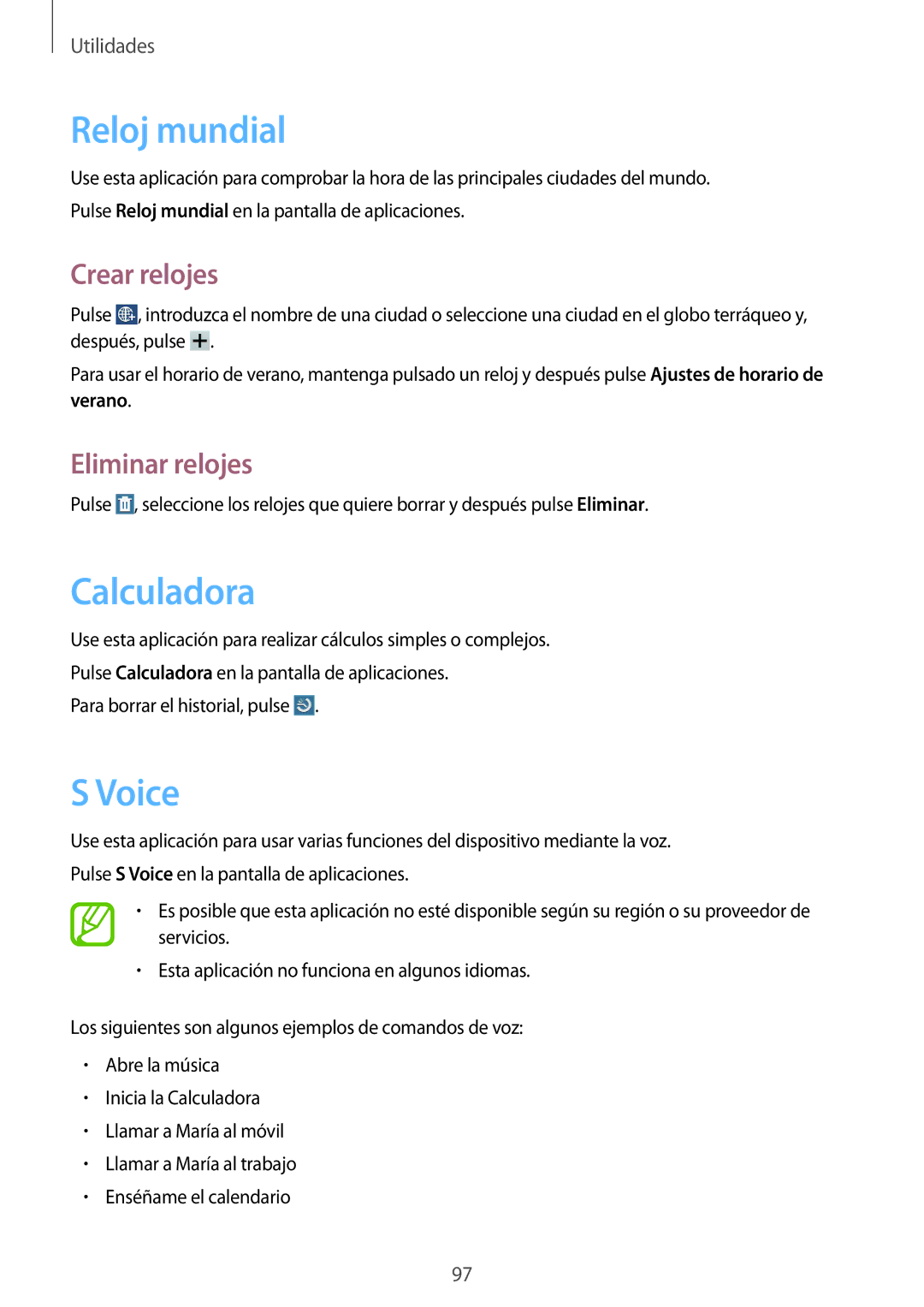 Samsung GT-N8020EAAATL manual Reloj mundial, Calculadora, Voice, Crear relojes, Eliminar relojes 