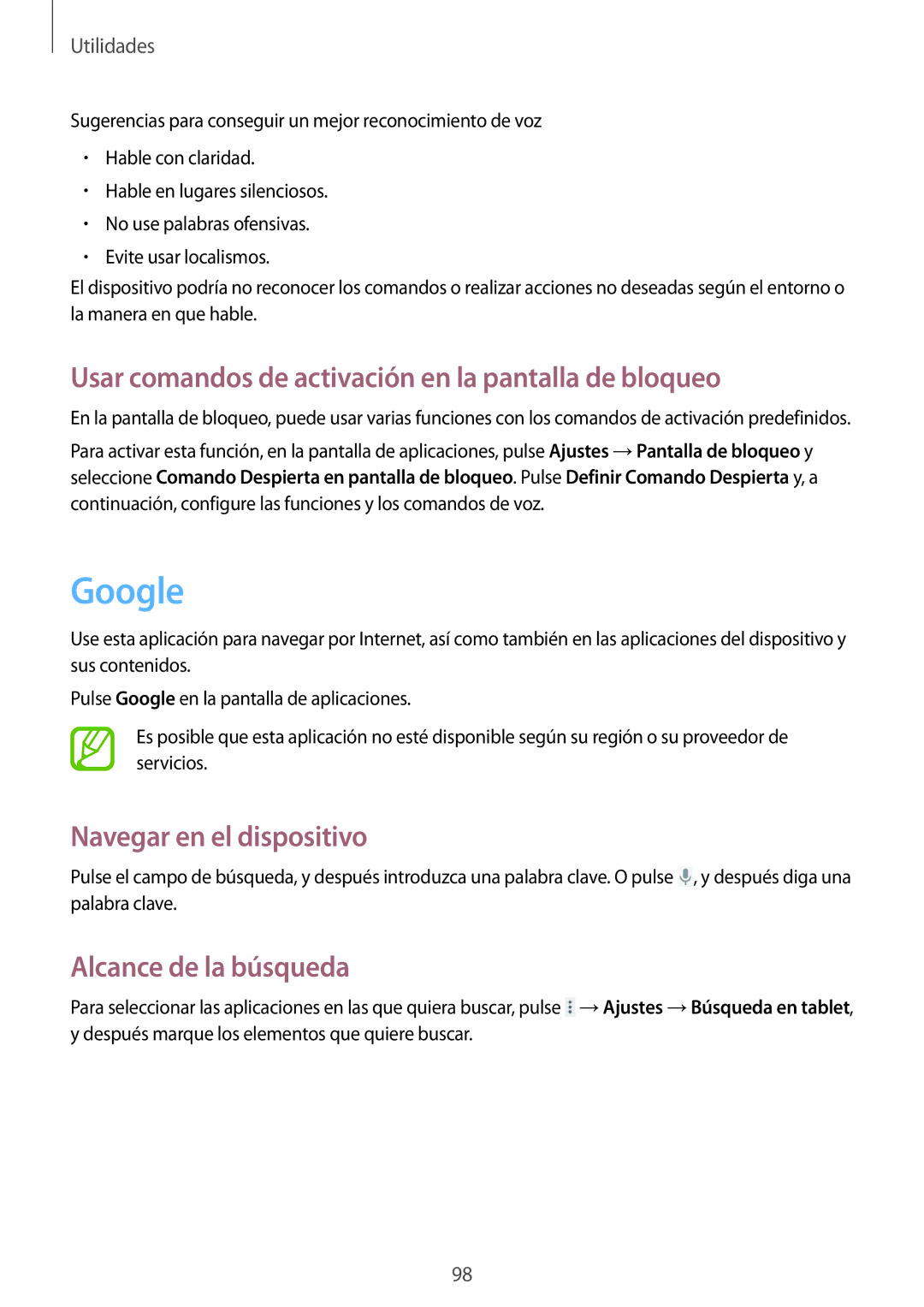 Samsung GT-N8020EAAATL manual Google, Usar comandos de activación en la pantalla de bloqueo, Navegar en el dispositivo 