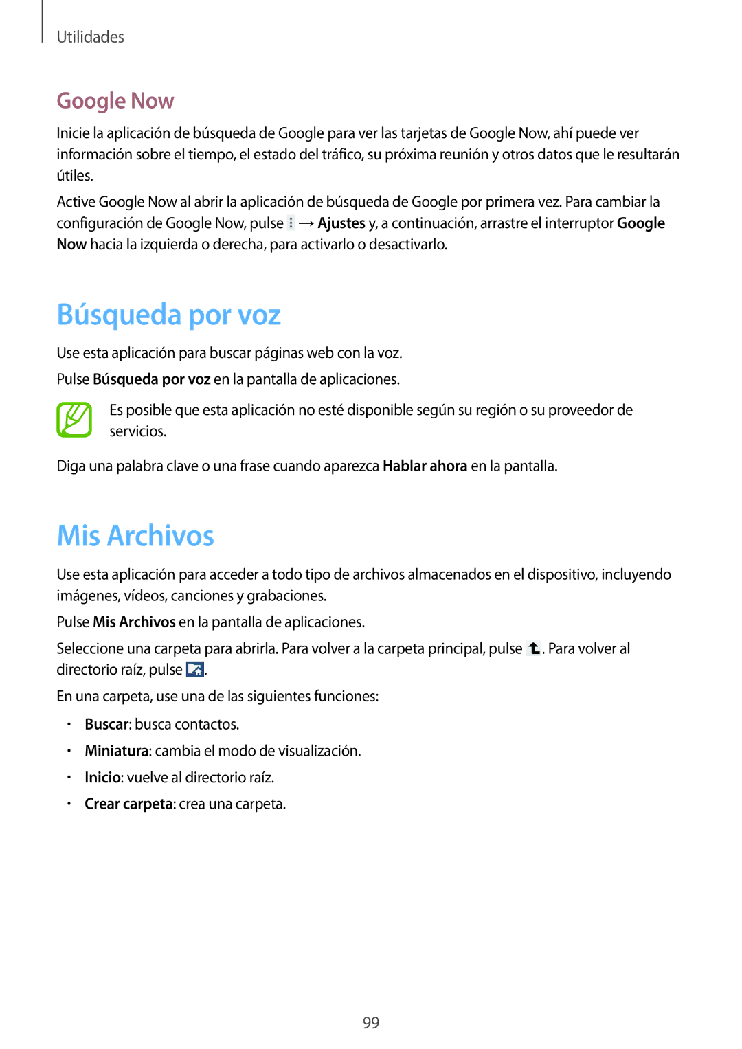 Samsung GT-N8020EAAATL manual Búsqueda por voz, Mis Archivos, Google Now 