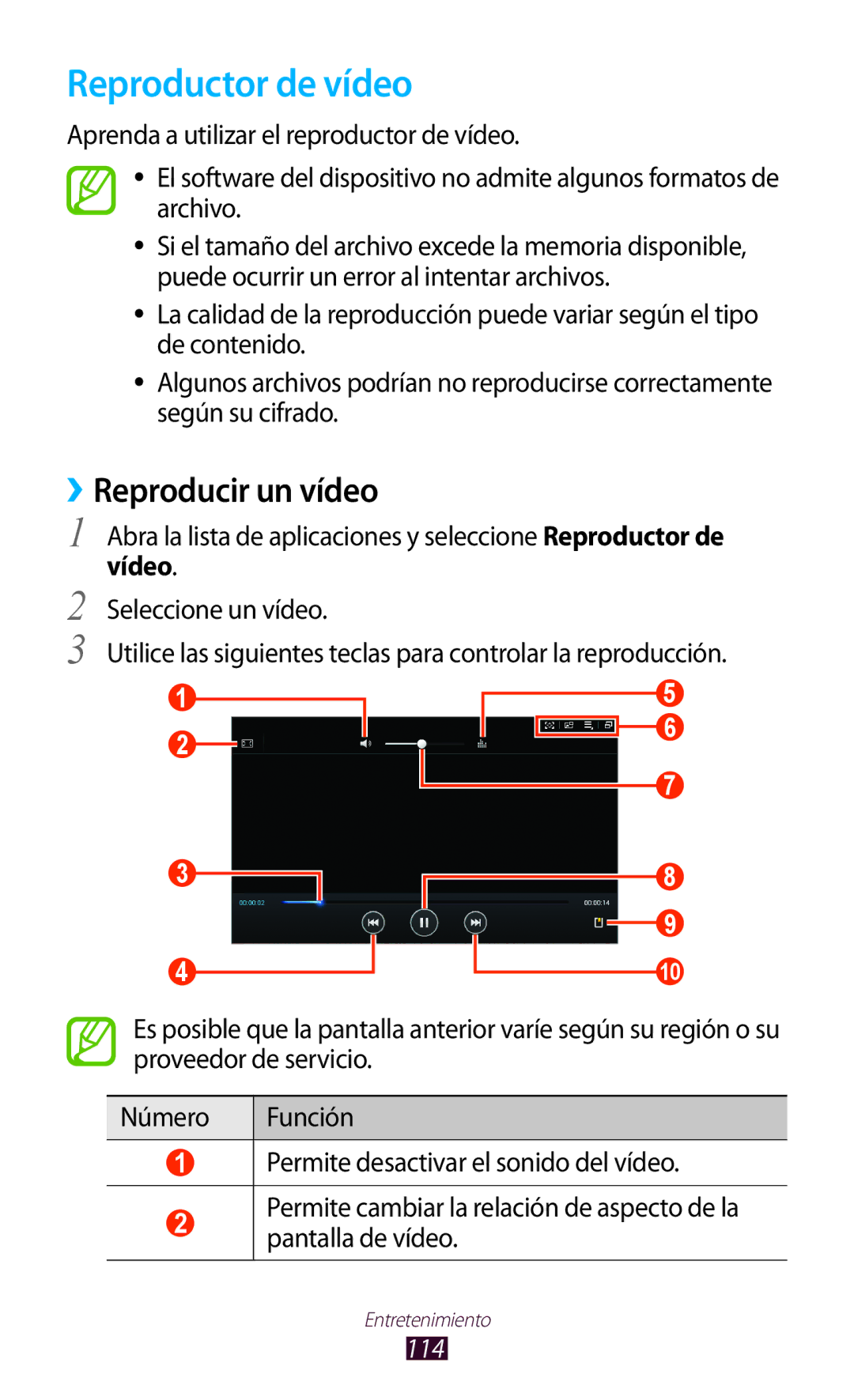 Samsung GT-N8020EAAATL manual Reproductor de vídeo, ››Reproducir un vídeo, Vídeo, 114 