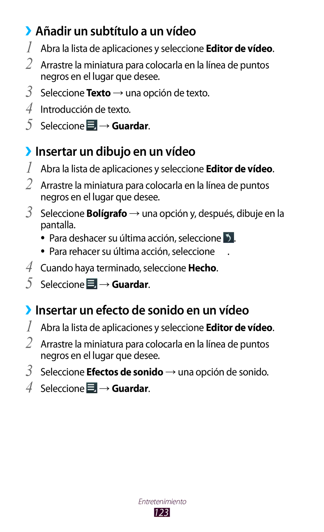 Samsung GT-N8020EAAATL manual ››Añadir un subtítulo a un vídeo, ››Insertar un dibujo en un vídeo, 123 