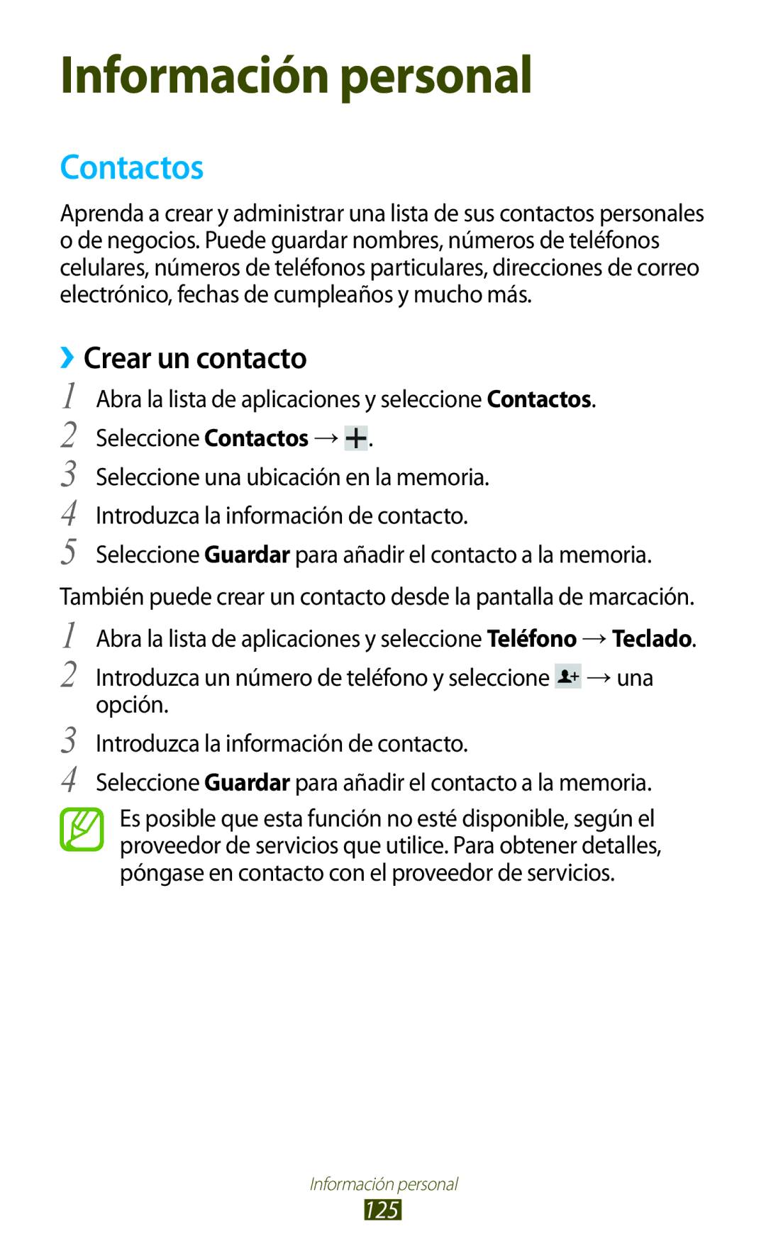 Samsung GT-N8020EAAATL manual Contactos, ››Crear un contacto, 125 