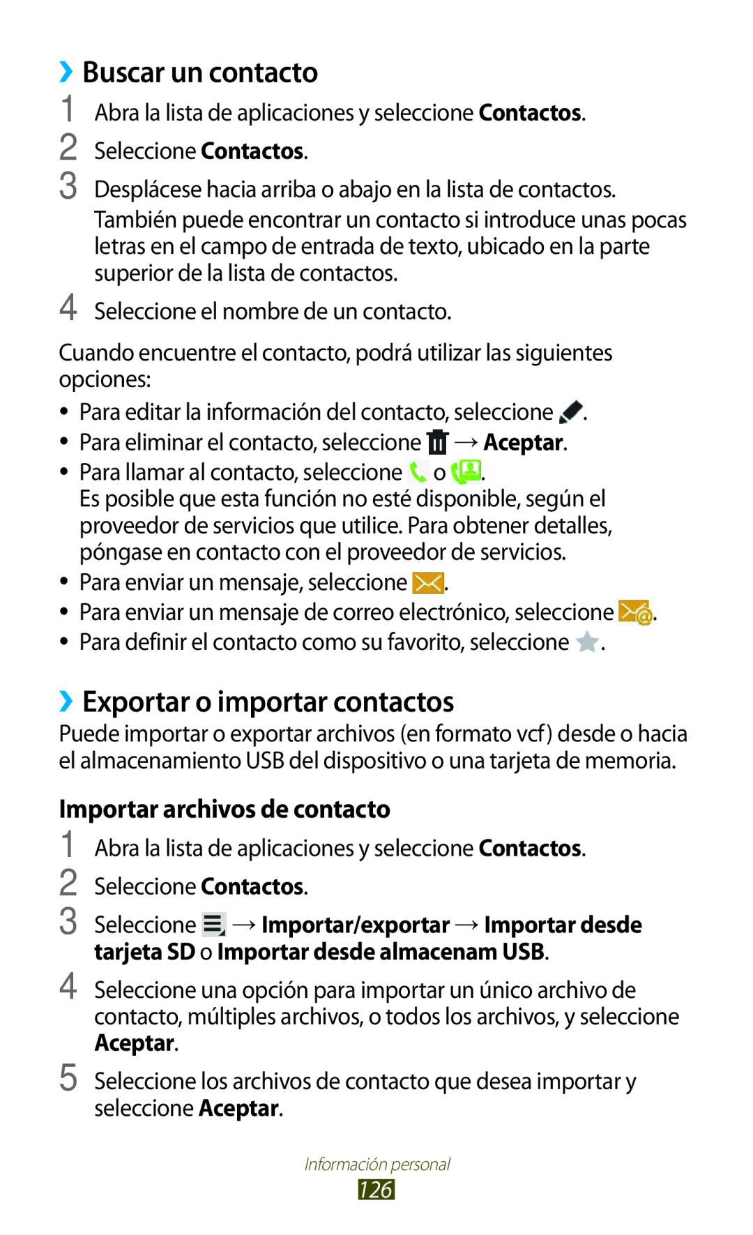 Samsung GT-N8020EAAATL manual ››Buscar un contacto, ››Exportar o importar contactos, Importar archivos de contacto 