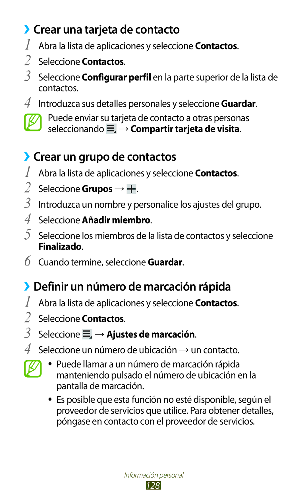 Samsung GT-N8020EAAATL manual ››Crear una tarjeta de contacto, ››Crear un grupo de contactos, Seleccione Añadir miembro 