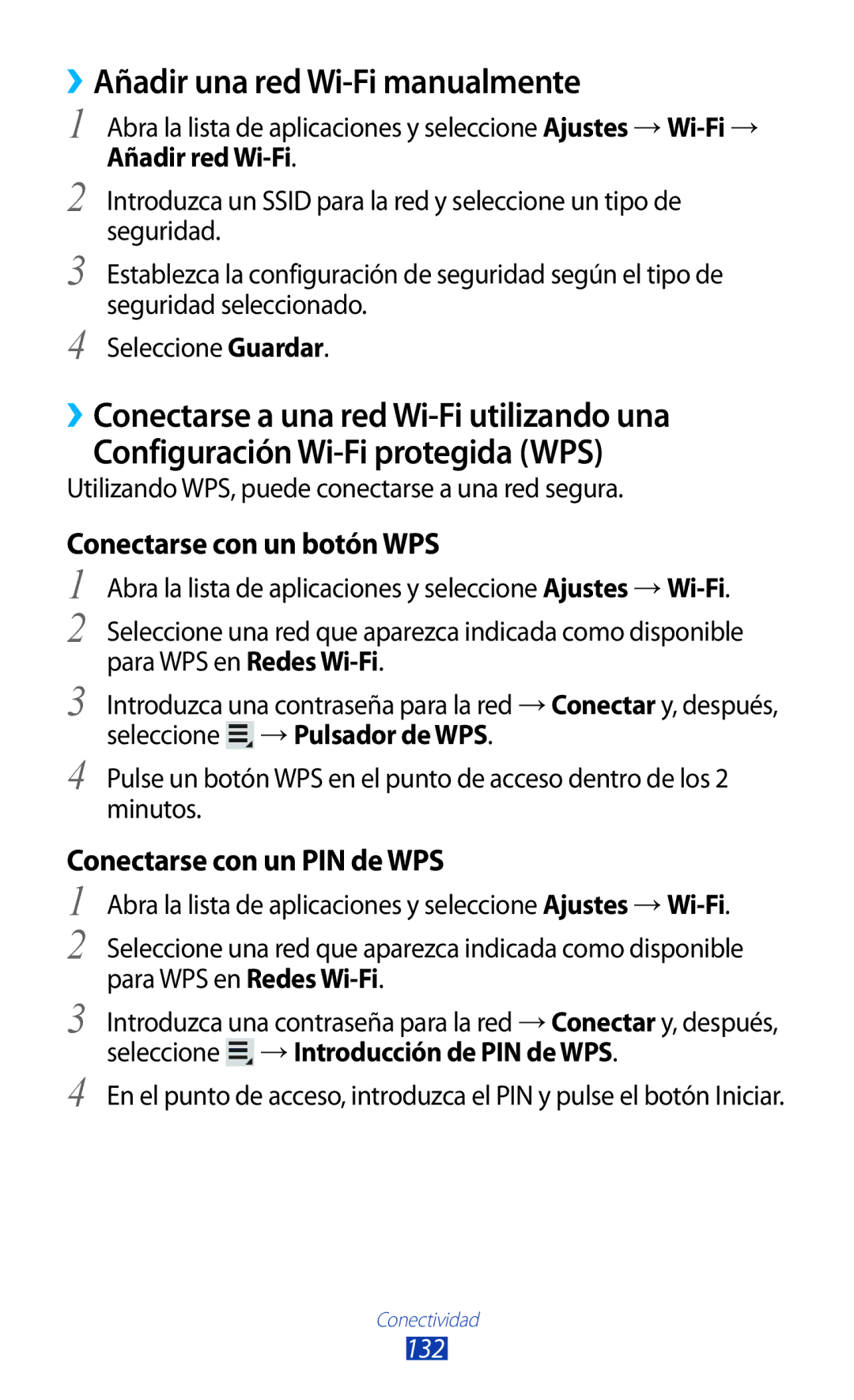 Samsung GT-N8020EAAATL ››Añadir una red Wi-Fi manualmente, Conectarse con un botón WPS, Conectarse con un PIN de WPS, 132 