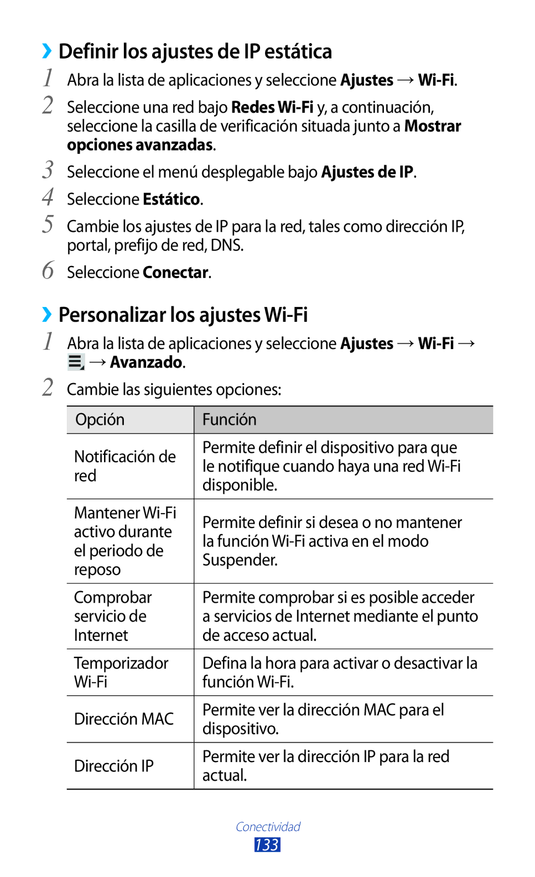 Samsung GT-N8020EAAATL manual ››Definir los ajustes de IP estática, ››Personalizar los ajustes Wi-Fi, 133 