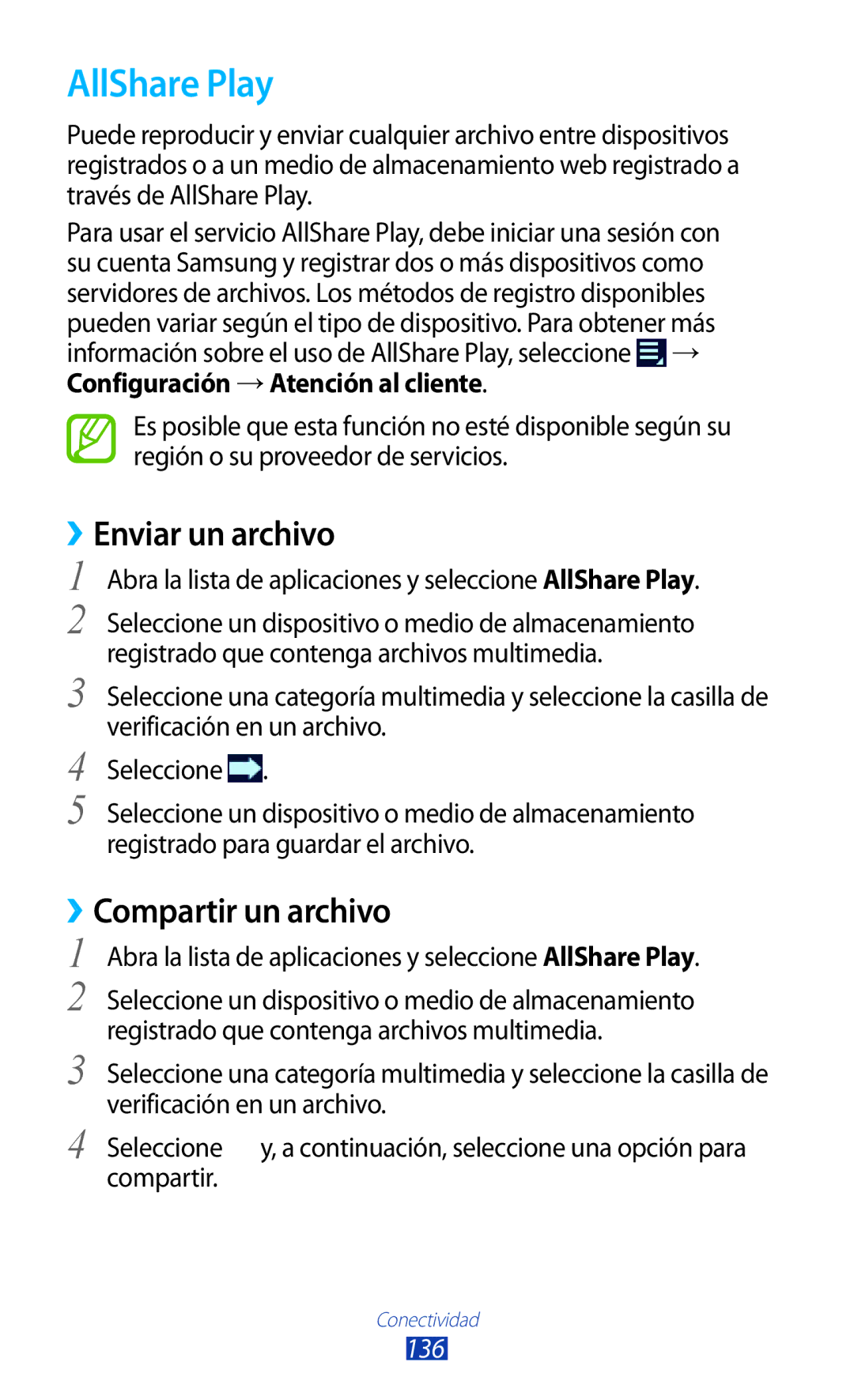 Samsung GT-N8020EAAATL manual AllShare Play, ››Enviar un archivo, ››Compartir un archivo, 136 