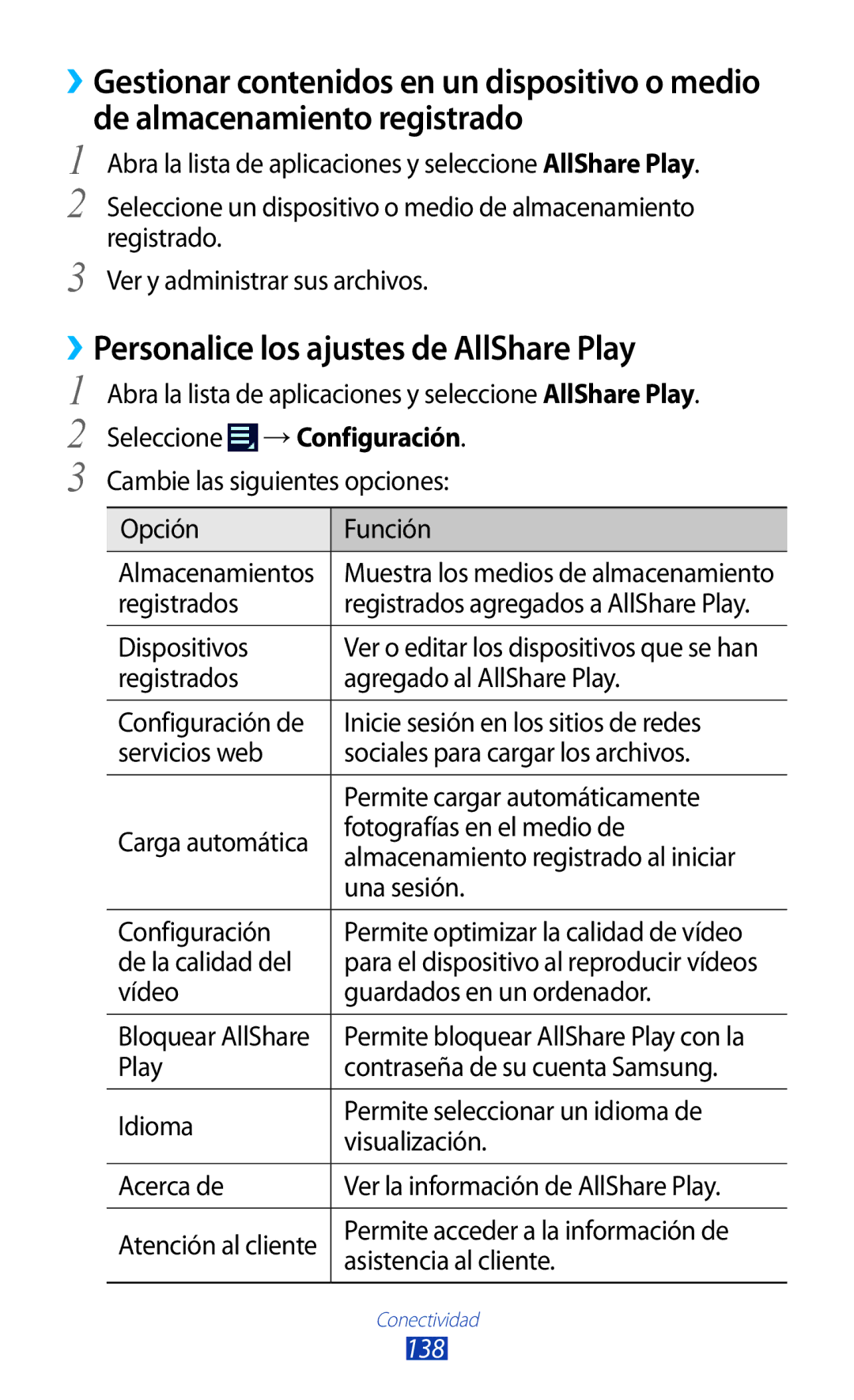 Samsung GT-N8020EAAATL manual ››Personalice los ajustes de AllShare Play, 138 