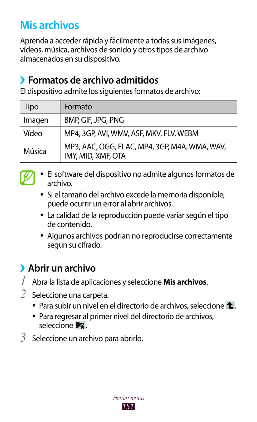 Samsung GT-N8020EAAATL manual Mis archivos, ››Formatos de archivo admitidos, ››Abrir un archivo, Vídeo, 151 