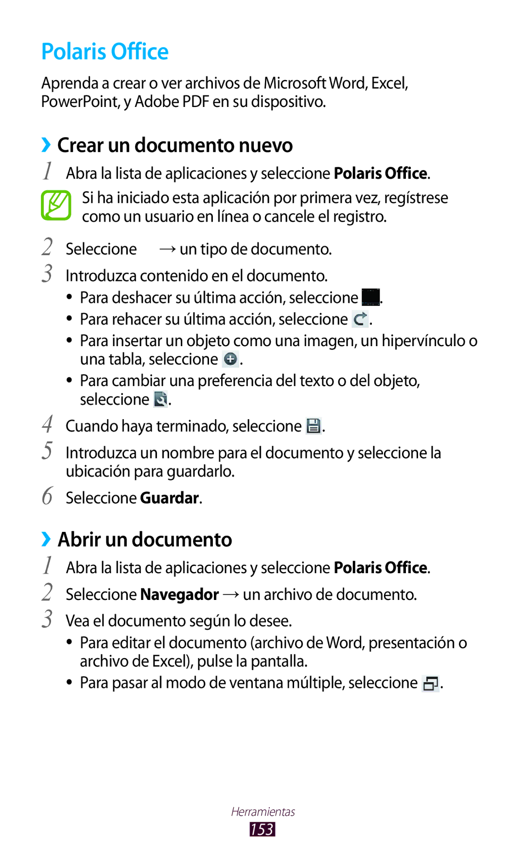 Samsung GT-N8020EAAATL manual Polaris Office, ››Crear un documento nuevo, ››Abrir un documento, 153 