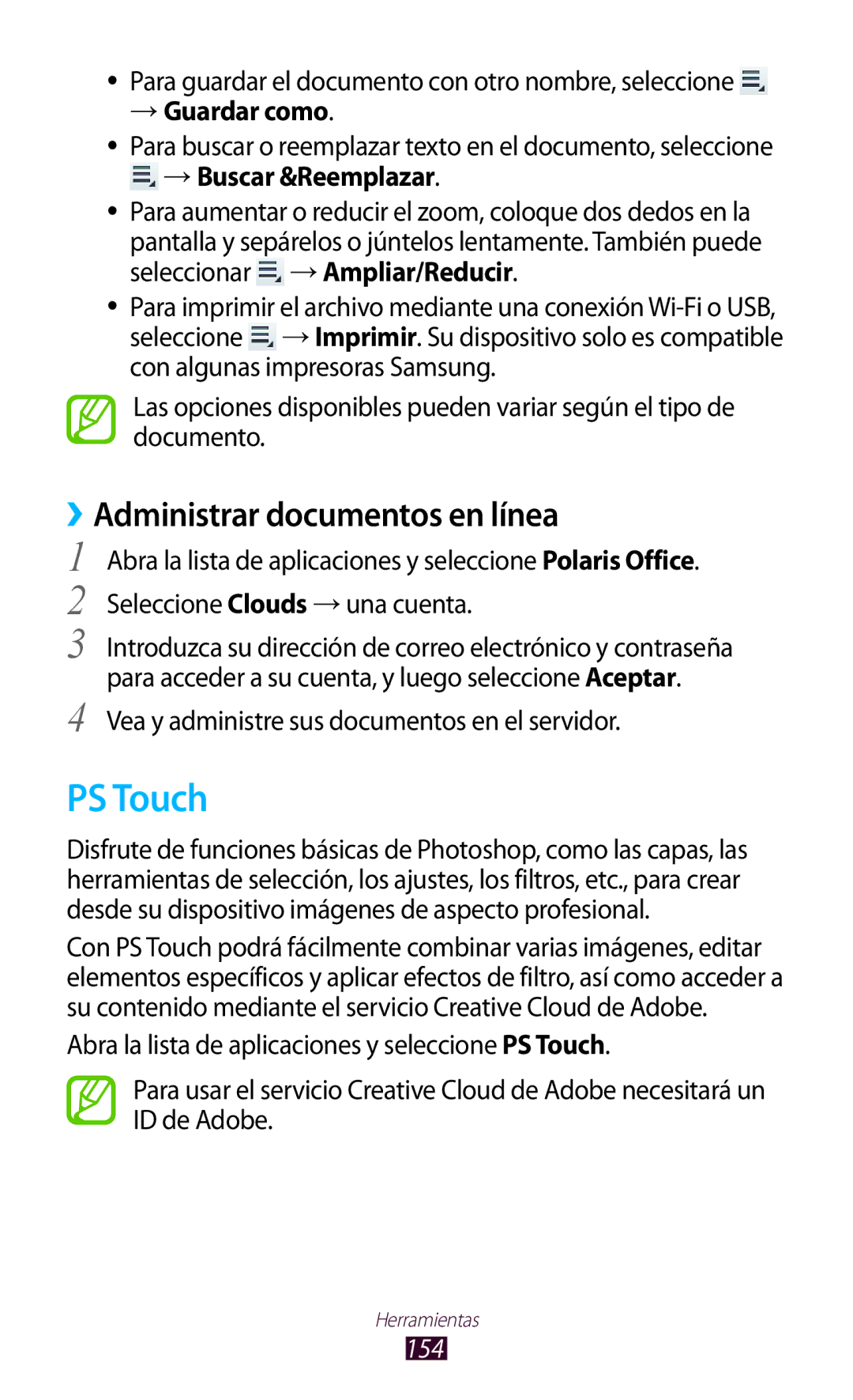 Samsung GT-N8020EAAATL manual PS Touch, ››Administrar documentos en línea, → Guardar como, → Buscar &Reemplazar, 154 