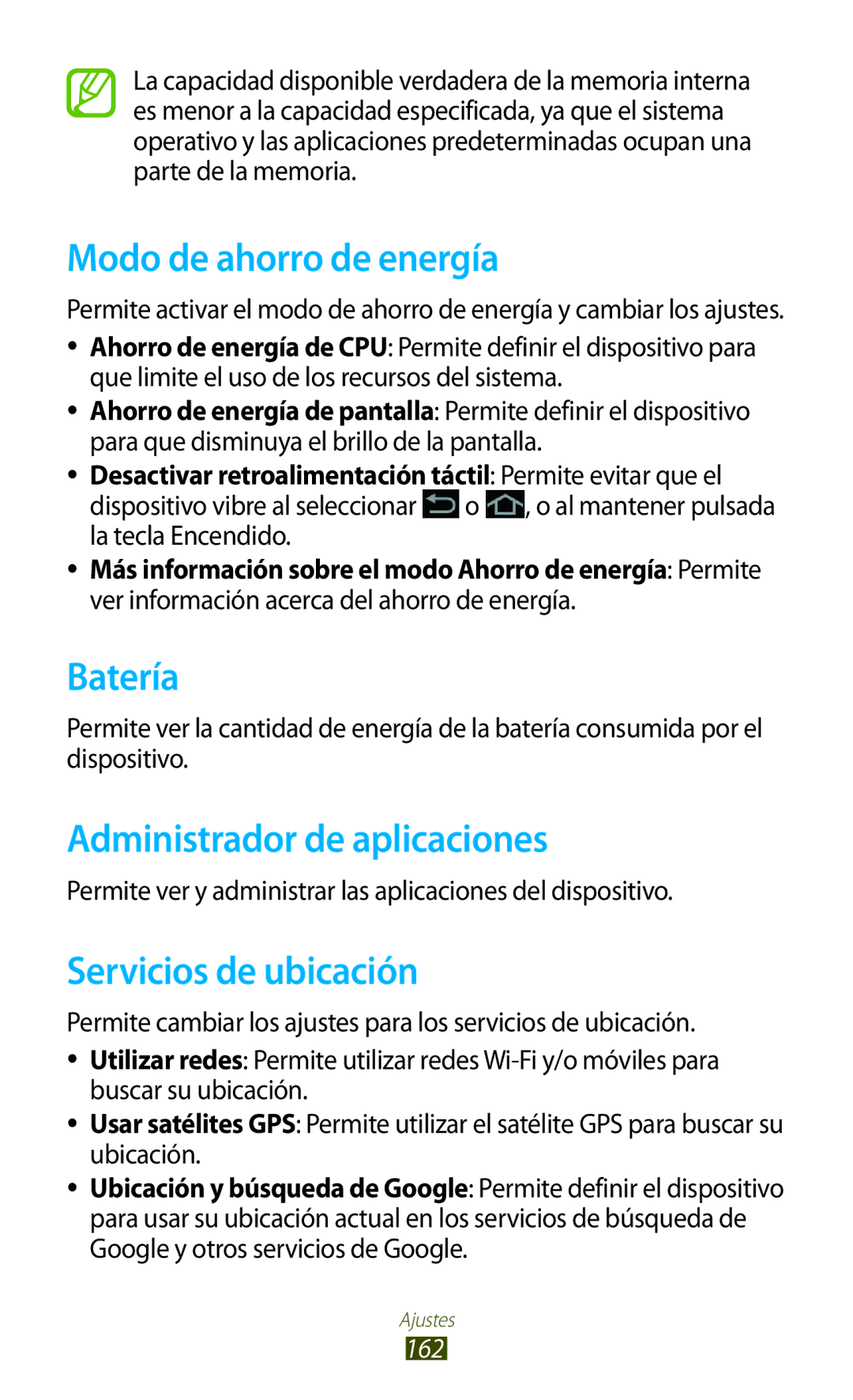 Samsung GT-N8020EAAATL Modo de ahorro de energía, Batería, Administrador de aplicaciones, Servicios de ubicación, 162 