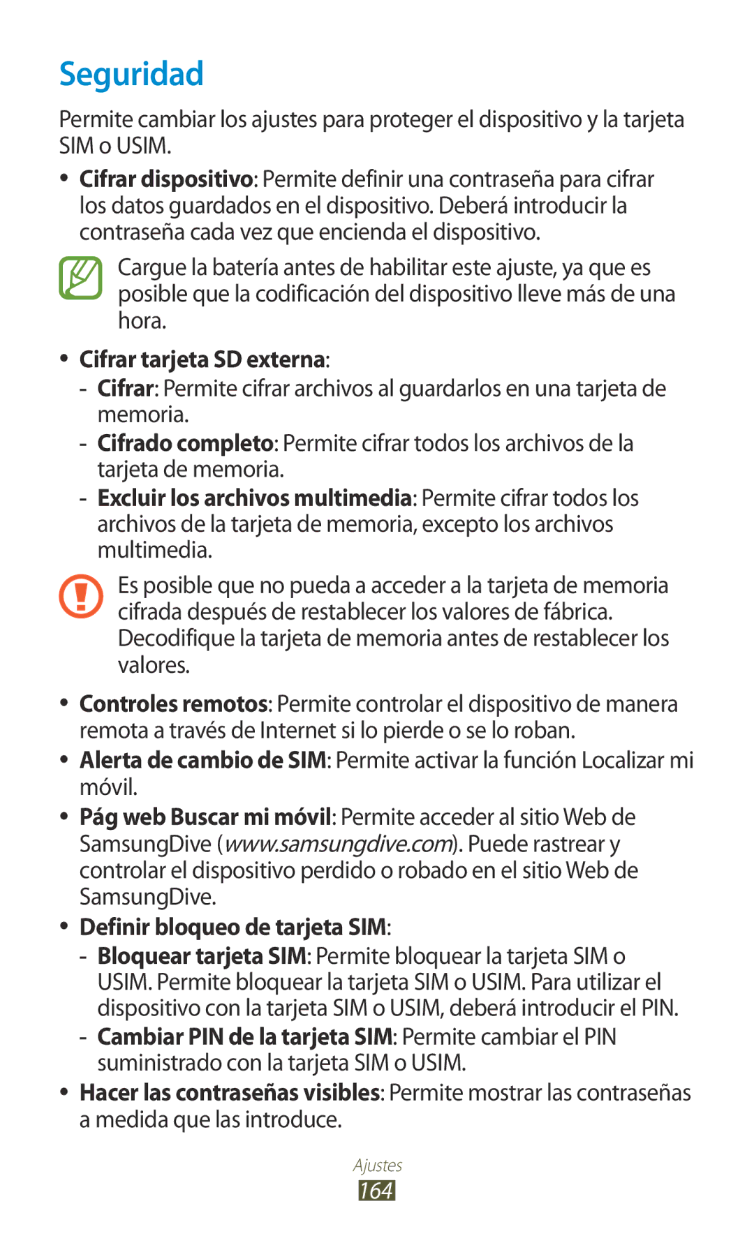 Samsung GT-N8020EAAATL manual Seguridad, Cifrar tarjeta SD externa, Definir bloqueo de tarjeta SIM, 164 