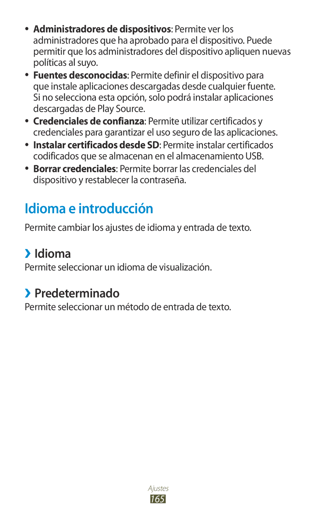 Samsung GT-N8020EAAATL manual Idioma e introducción, ››Idioma, ››Predeterminado, 165 