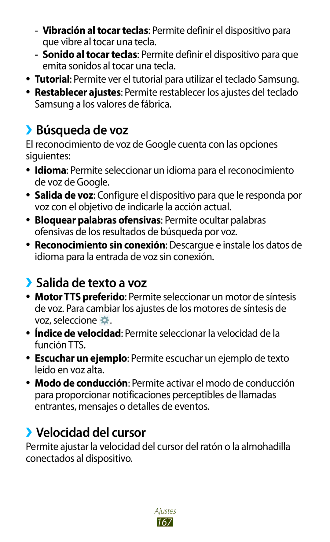 Samsung GT-N8020EAAATL manual ››Búsqueda de voz, ››Salida de texto a voz, ››Velocidad del cursor, 167 
