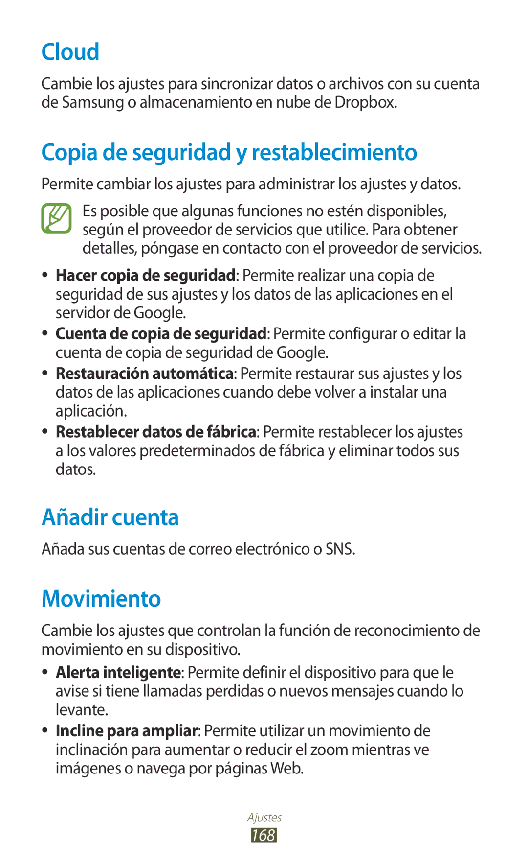 Samsung GT-N8020EAAATL manual Cloud, Copia de seguridad y restablecimiento, Añadir cuenta, Movimiento, 168 