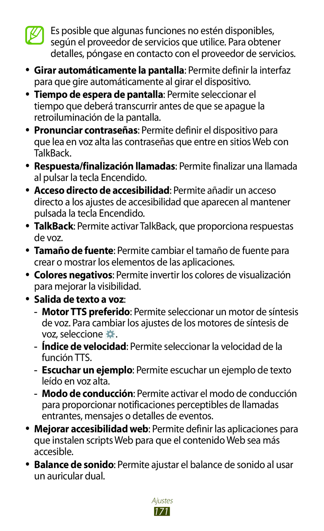 Samsung GT-N8020EAAATL manual Al pulsar la tecla Encendido, Salida de texto a voz, 171 