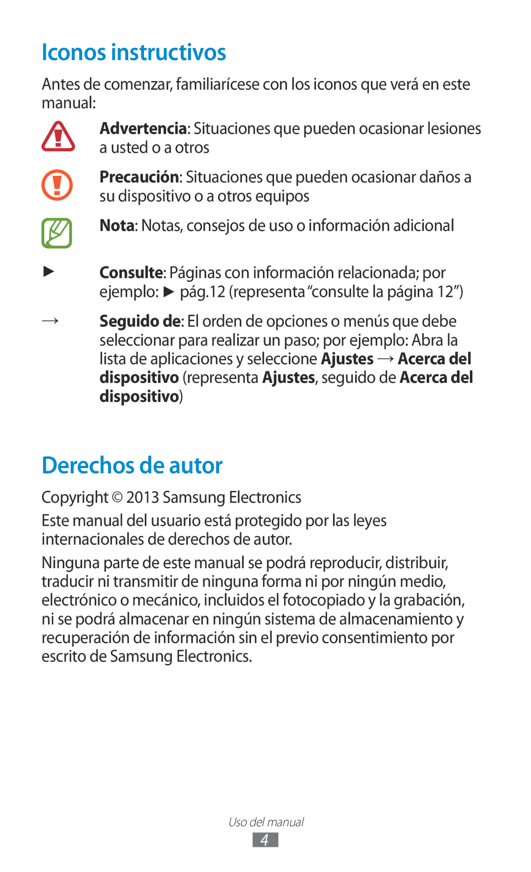 Samsung GT-N8020EAAATL manual Iconos instructivos, Derechos de autor, Copyright 2013 Samsung Electronics 