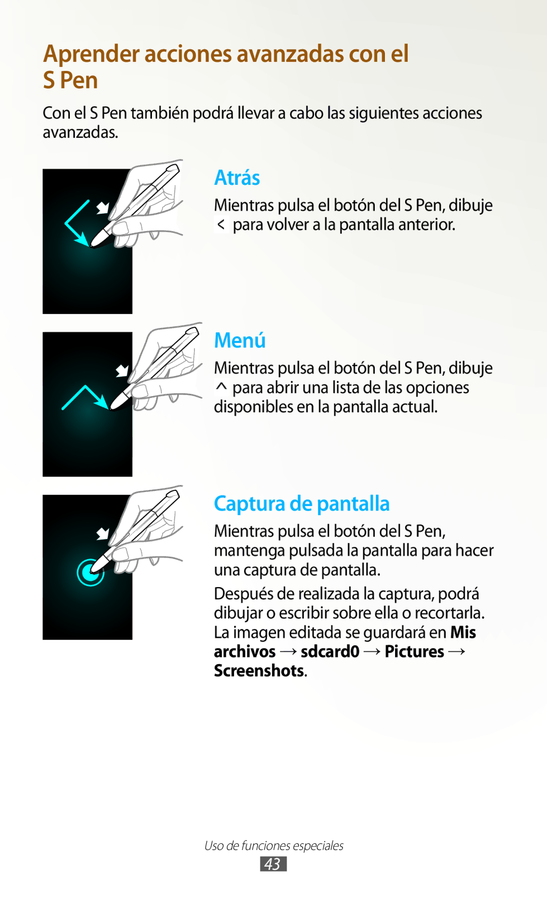 Samsung GT-N8020EAAATL manual Aprender acciones avanzadas con el S Pen, Disponibles en la pantalla actual 