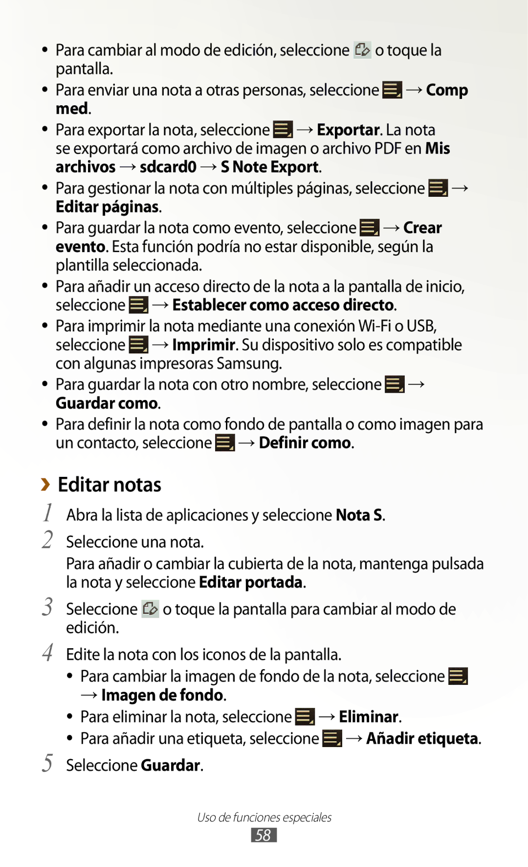 Samsung GT-N8020EAAATL manual ››Editar notas, Guardar como, → Imagen de fondo, → Eliminar 