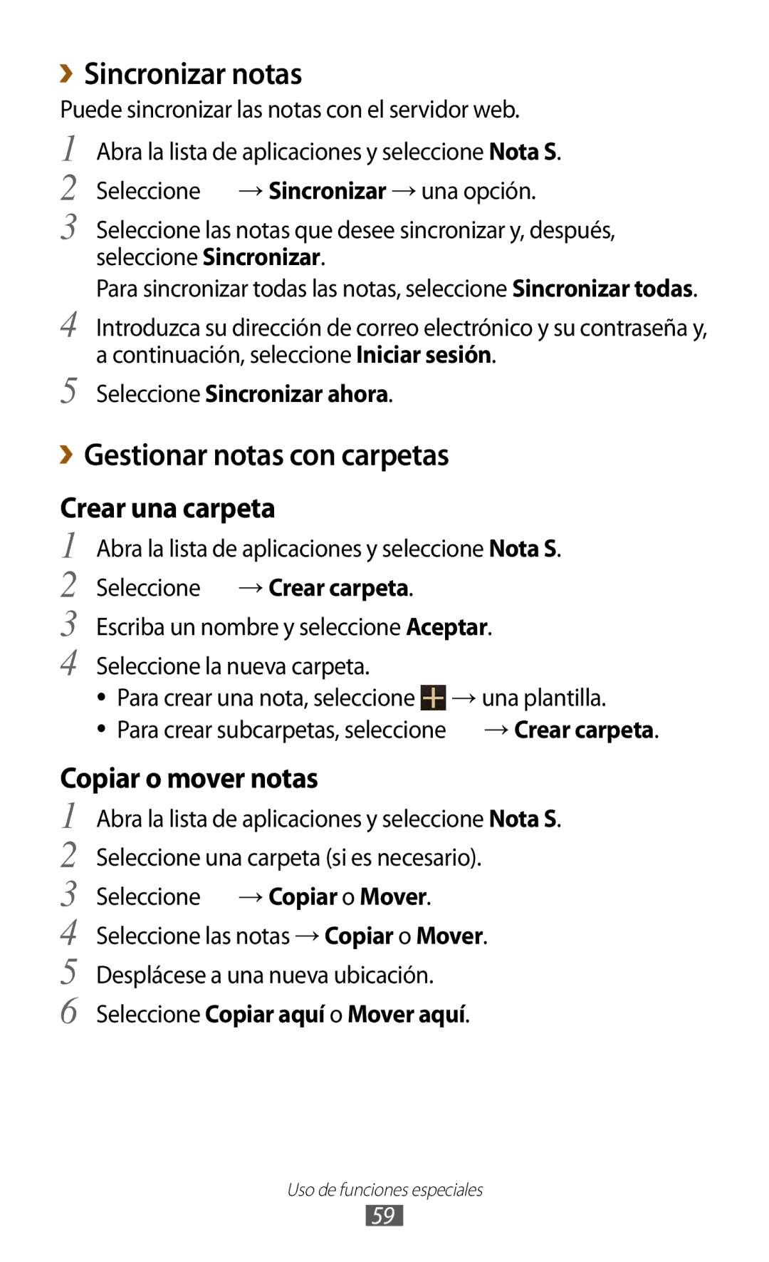 Samsung GT-N8020EAAATL manual ››Sincronizar notas, Seleccione Sincronizar ahora Gestionar notas con carpetas 