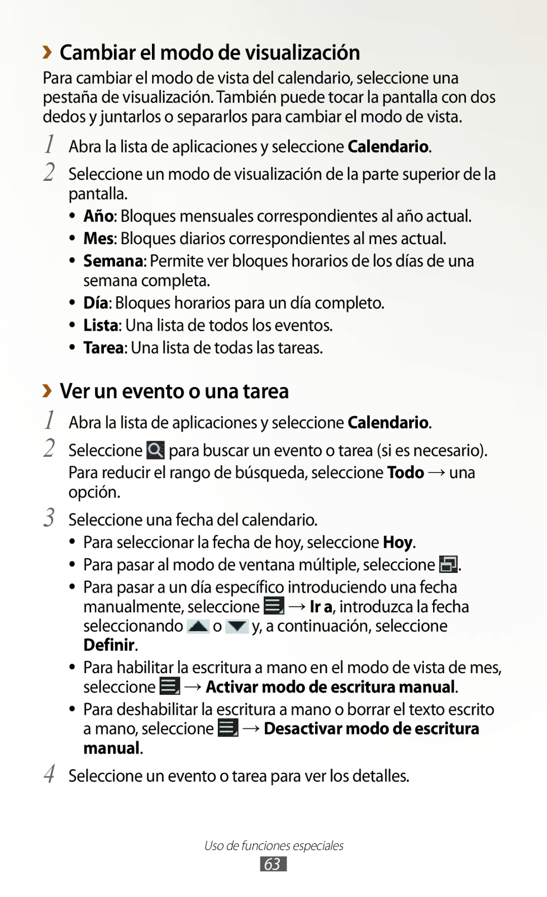 Samsung GT-N8020EAAATL ››Cambiar el modo de visualización, ››Ver un evento o una tarea, Manualmente, seleccione, Definir 