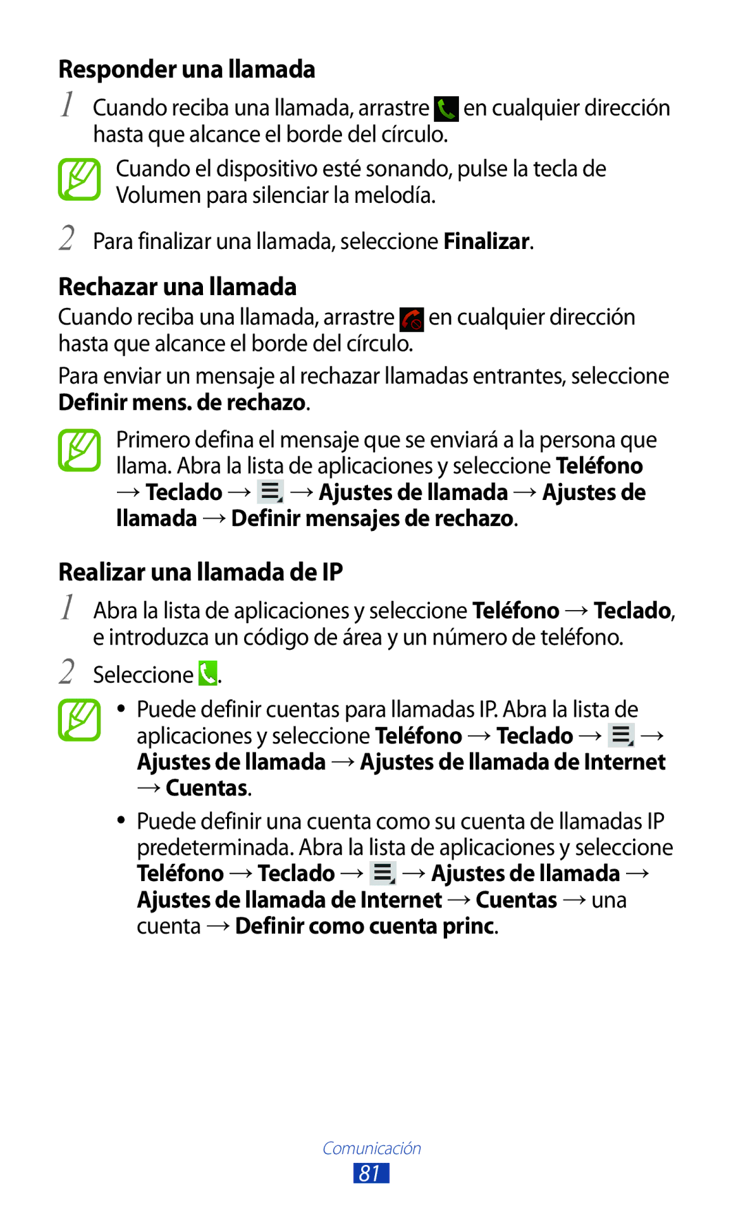 Samsung GT-N8020EAAATL manual Responder una llamada, Rechazar una llamada, Realizar una llamada de IP, Seleccione 