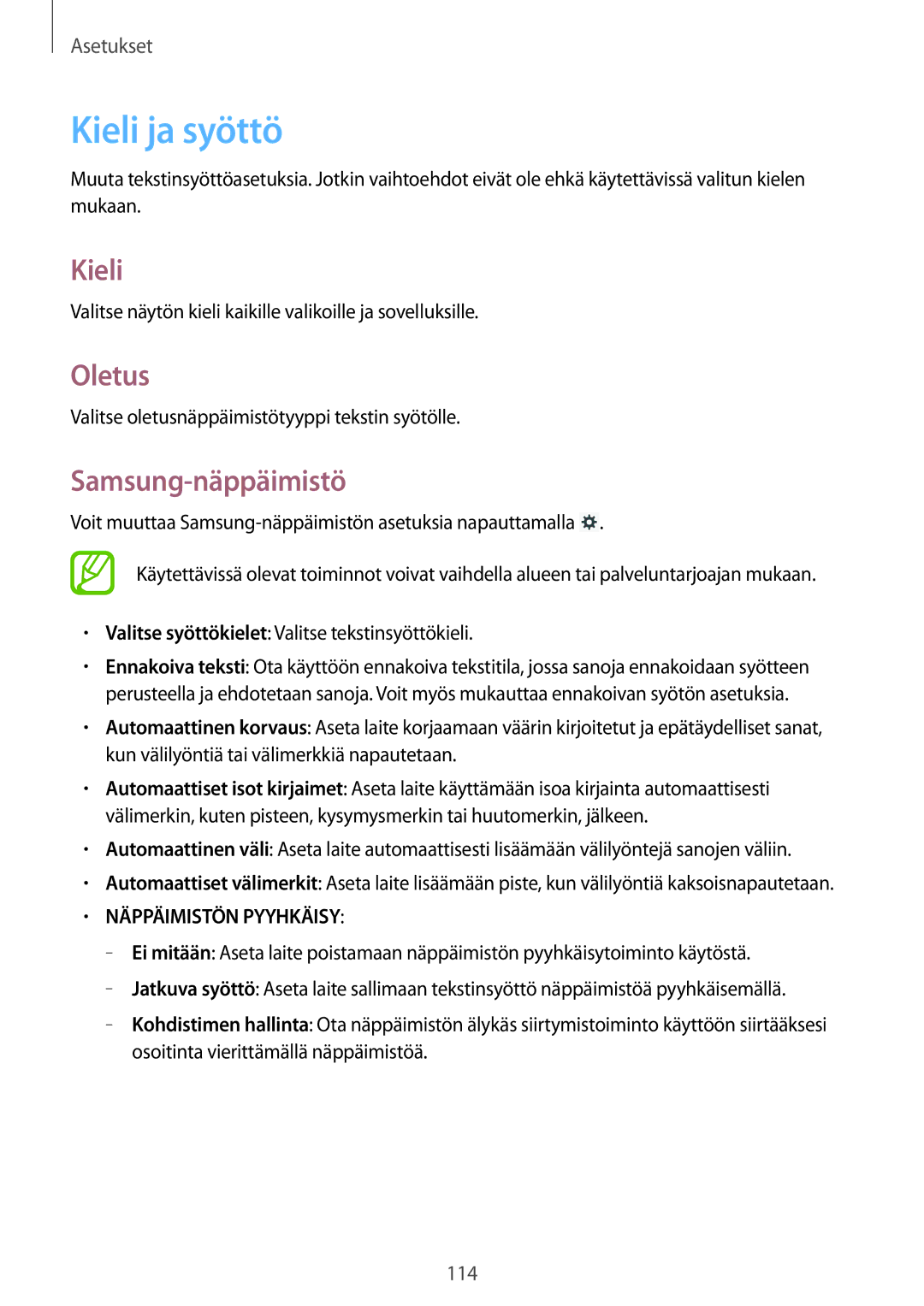 Samsung GT-N8020EAATLA, GT-N8020EAANEE, GT-N8020ZWATEN, GT-N8020ZWANEE manual Kieli ja syöttö, Oletus, Samsung-näppäimistö 