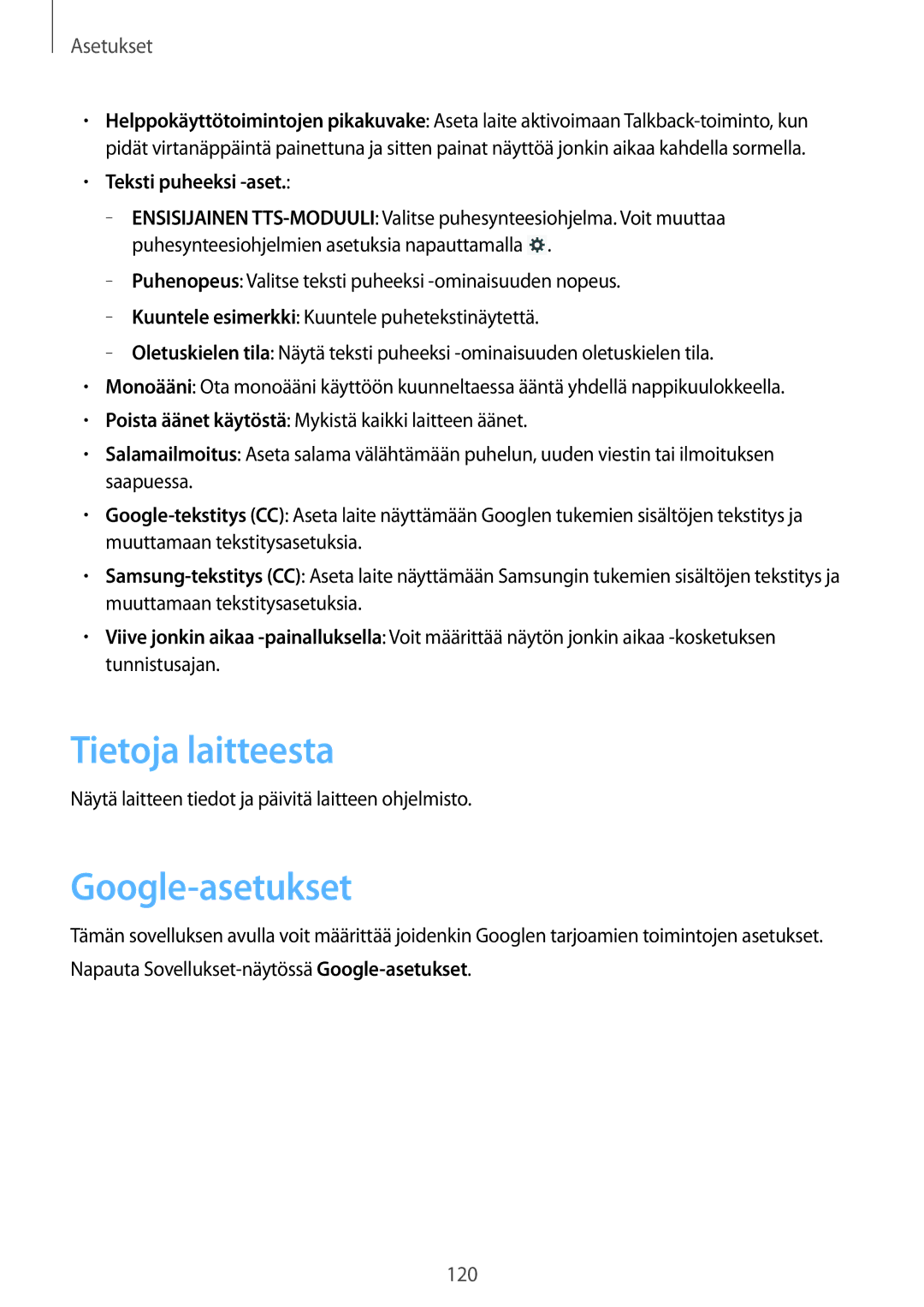 Samsung GT-N8020EAATLA, GT-N8020EAANEE, GT-N8020ZWATEN manual Tietoja laitteesta, Google-asetukset, Teksti puheeksi -aset 