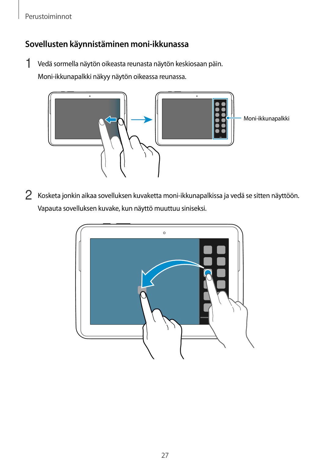 Samsung GT-N8020ZWANEE, GT-N8020EAATLA, GT-N8020EAANEE, GT-N8020ZWATEN manual Sovellusten käynnistäminen moni-ikkunassa 