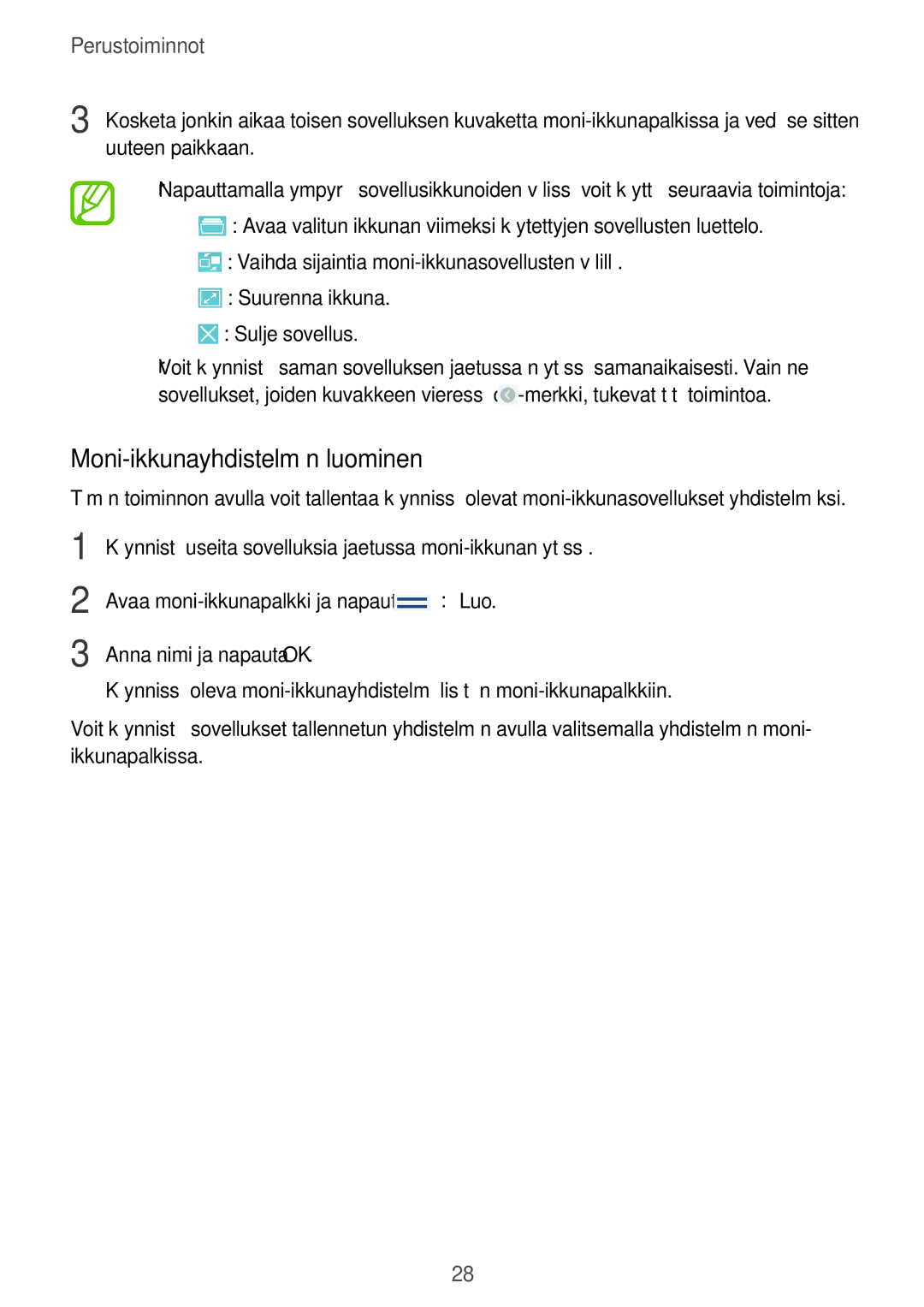 Samsung GT-N8020ZWAHTD, GT-N8020EAATLA, GT-N8020EAANEE, GT-N8020ZWATEN, GT-N8020ZWANEE manual Moni-ikkunayhdistelmän luominen 