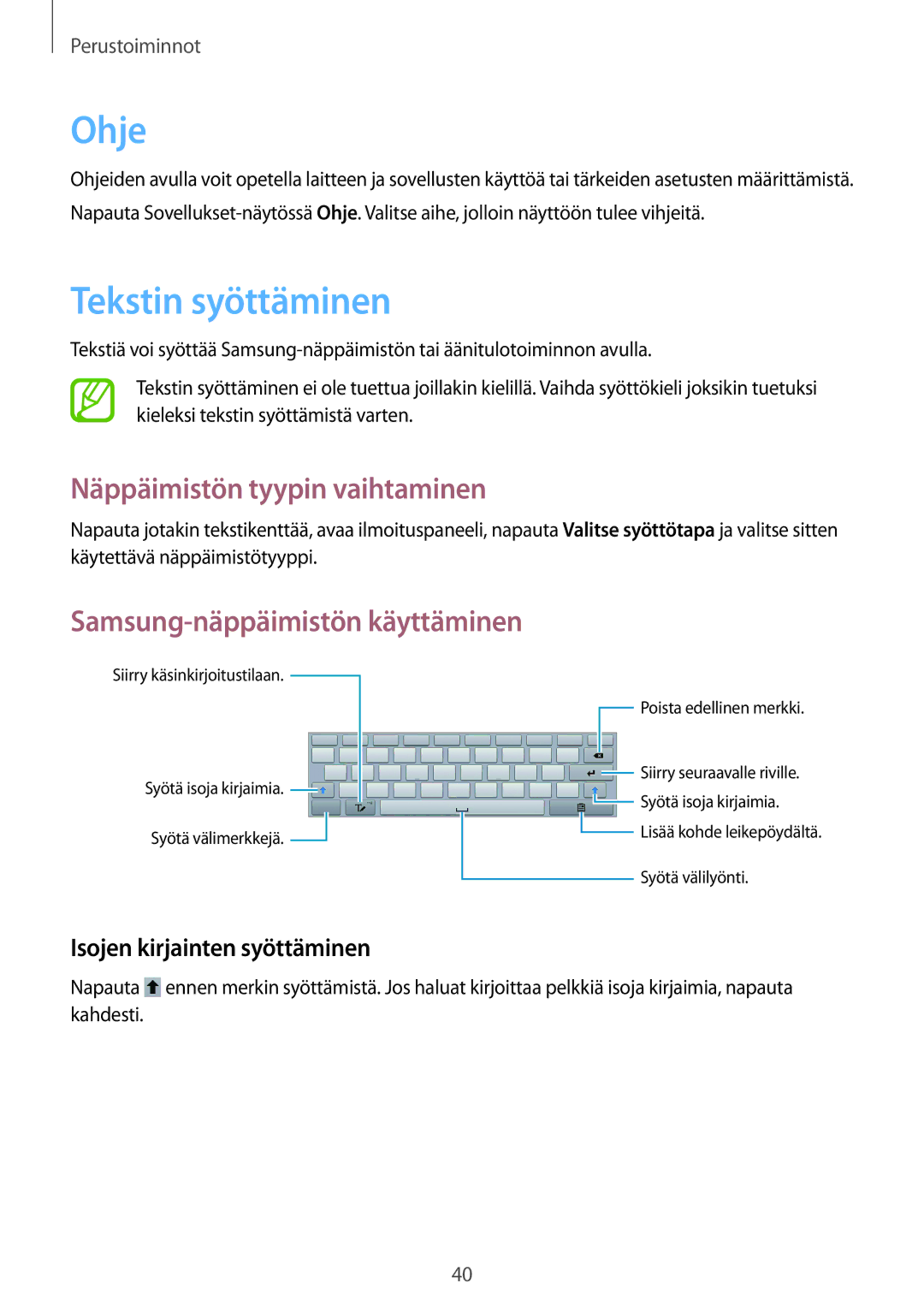 Samsung GT-N8020ZWAHTD manual Ohje, Tekstin syöttäminen, Näppäimistön tyypin vaihtaminen, Isojen kirjainten syöttäminen 