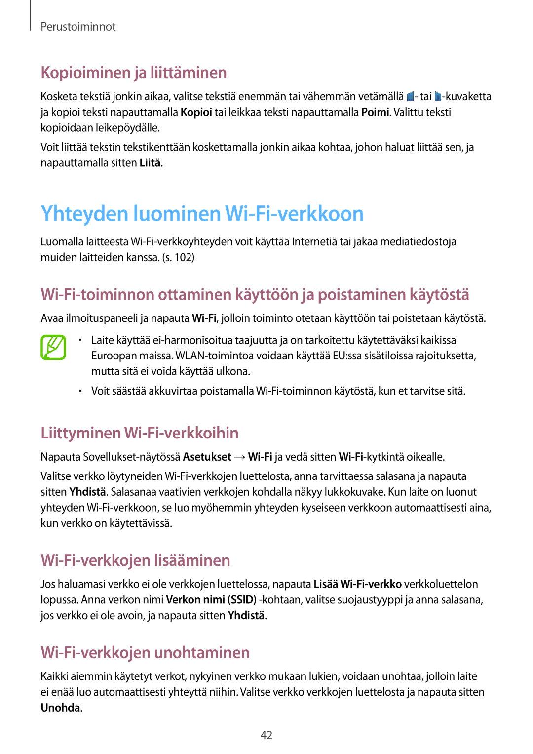 Samsung GT-N8020EAATLA manual Yhteyden luominen Wi-Fi-verkkoon, Kopioiminen ja liittäminen, Liittyminen Wi-Fi-verkkoihin 