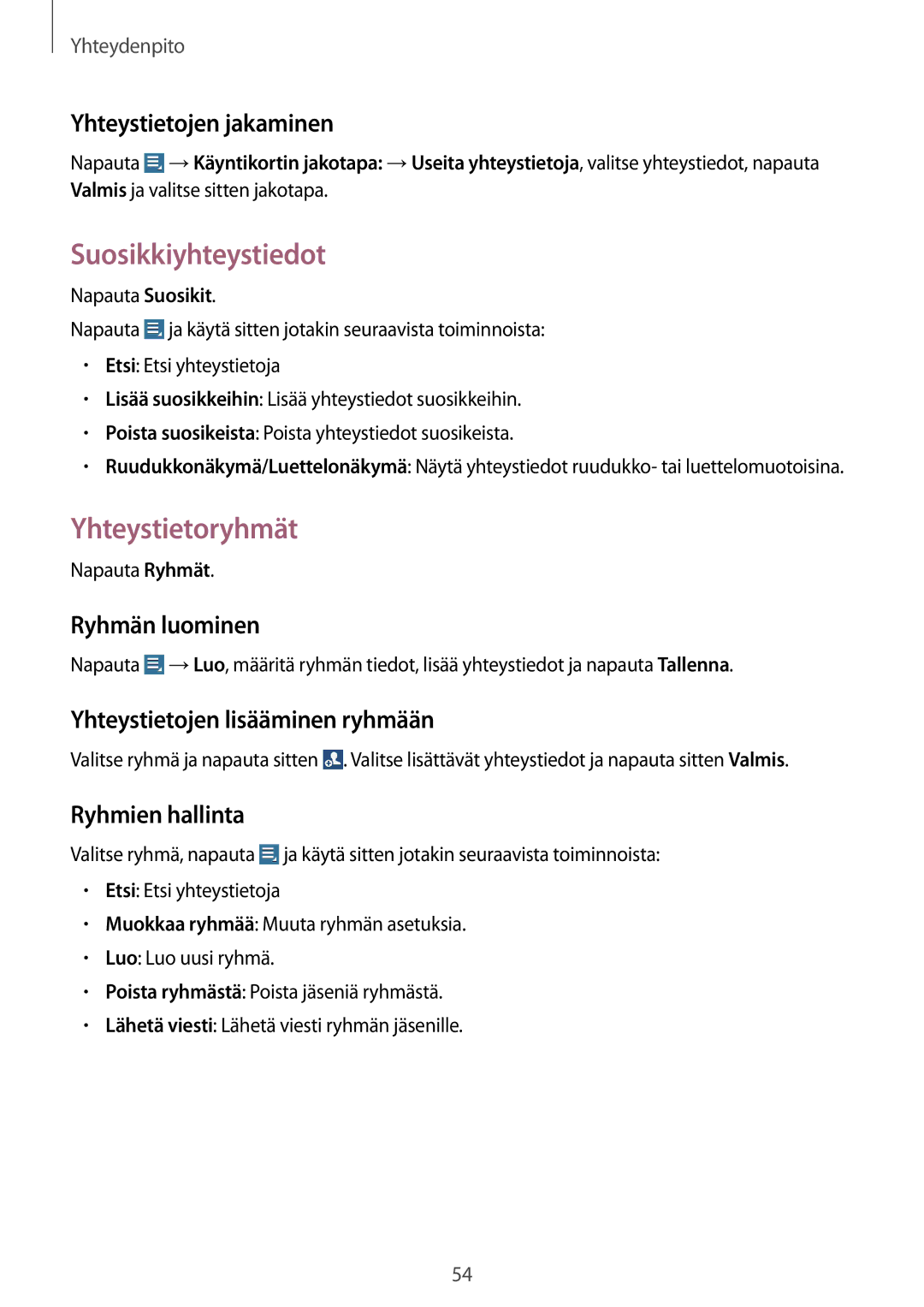 Samsung GT-N8020EAATLA, GT-N8020EAANEE, GT-N8020ZWATEN, GT-N8020ZWANEE manual Suosikkiyhteystiedot, Yhteystietoryhmät 