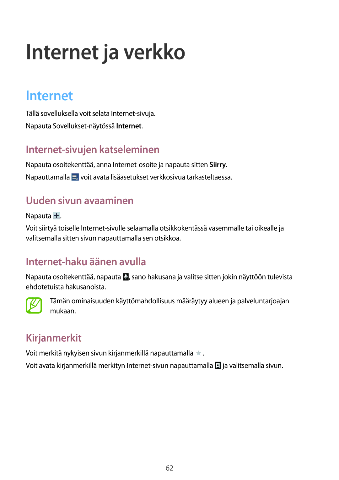 Samsung GT-N8020ZWATEN, GT-N8020EAATLA, GT-N8020EAANEE, GT-N8020ZWANEE, GT-N8020ZWAHTD, GT-N8020ZWATLA manual Internet ja verkko 