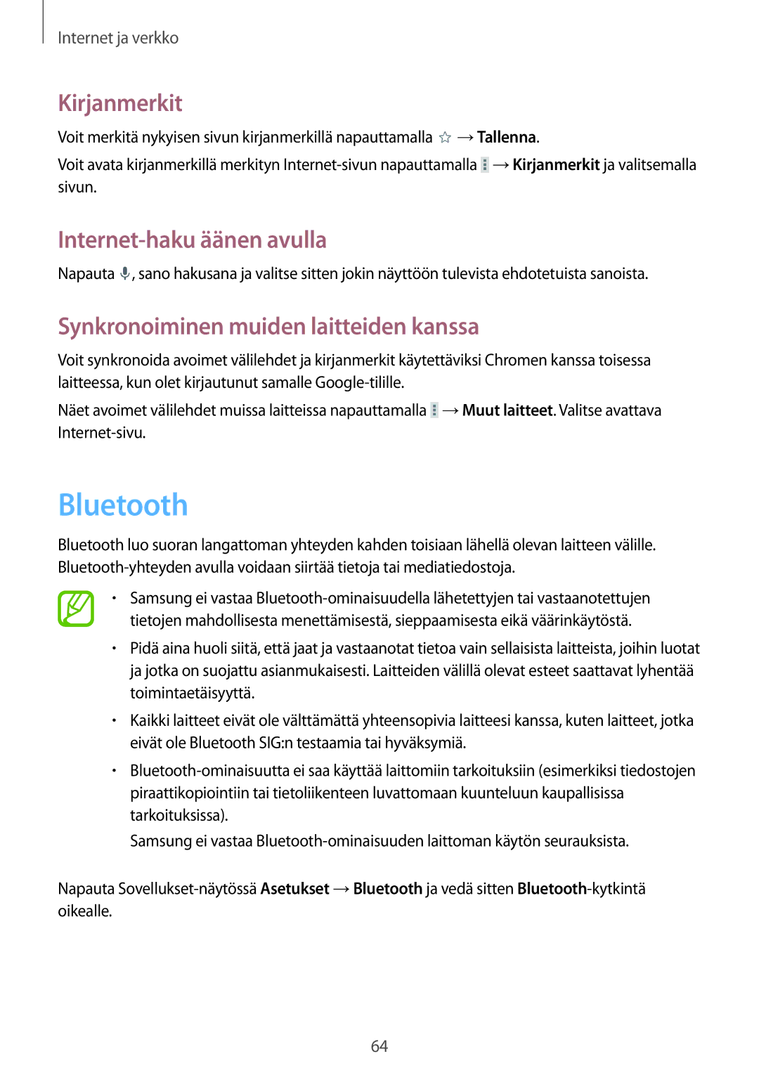 Samsung GT-N8020ZWAHTD, GT-N8020EAATLA, GT-N8020EAANEE, GT-N8020ZWATEN Bluetooth, Synkronoiminen muiden laitteiden kanssa 