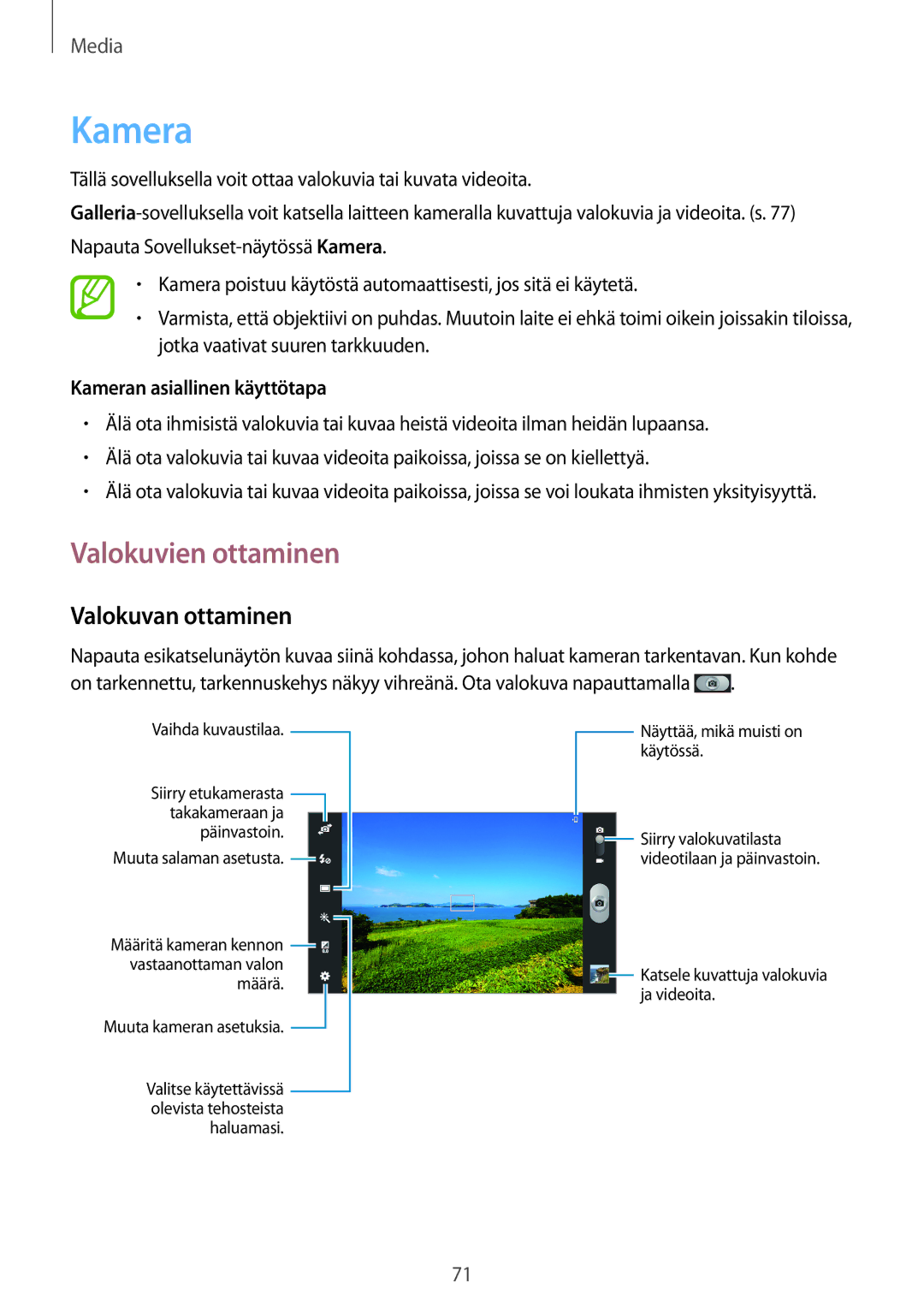 Samsung GT-N8020ZWATLA, GT-N8020EAATLA manual Valokuvien ottaminen, Valokuvan ottaminen, Kameran asiallinen käyttötapa 