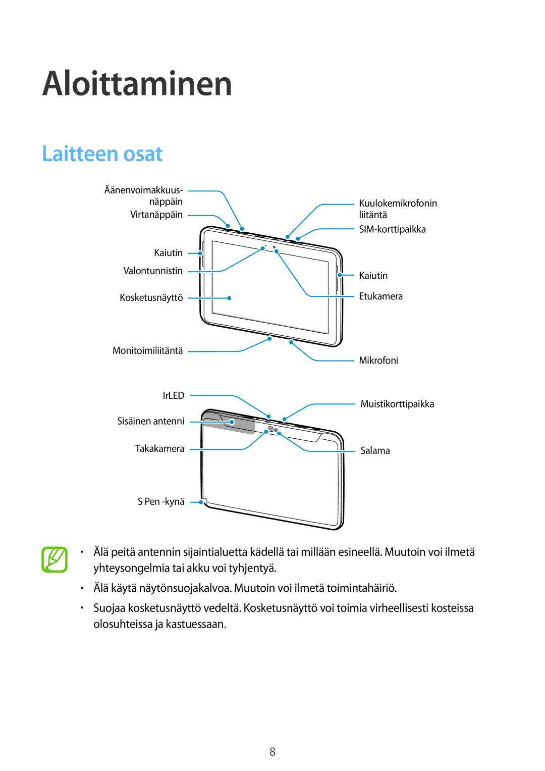 Samsung GT-N8020ZWATEN, GT-N8020EAATLA, GT-N8020EAANEE, GT-N8020ZWANEE, GT-N8020ZWAHTD manual Aloittaminen, Laitteen osat 