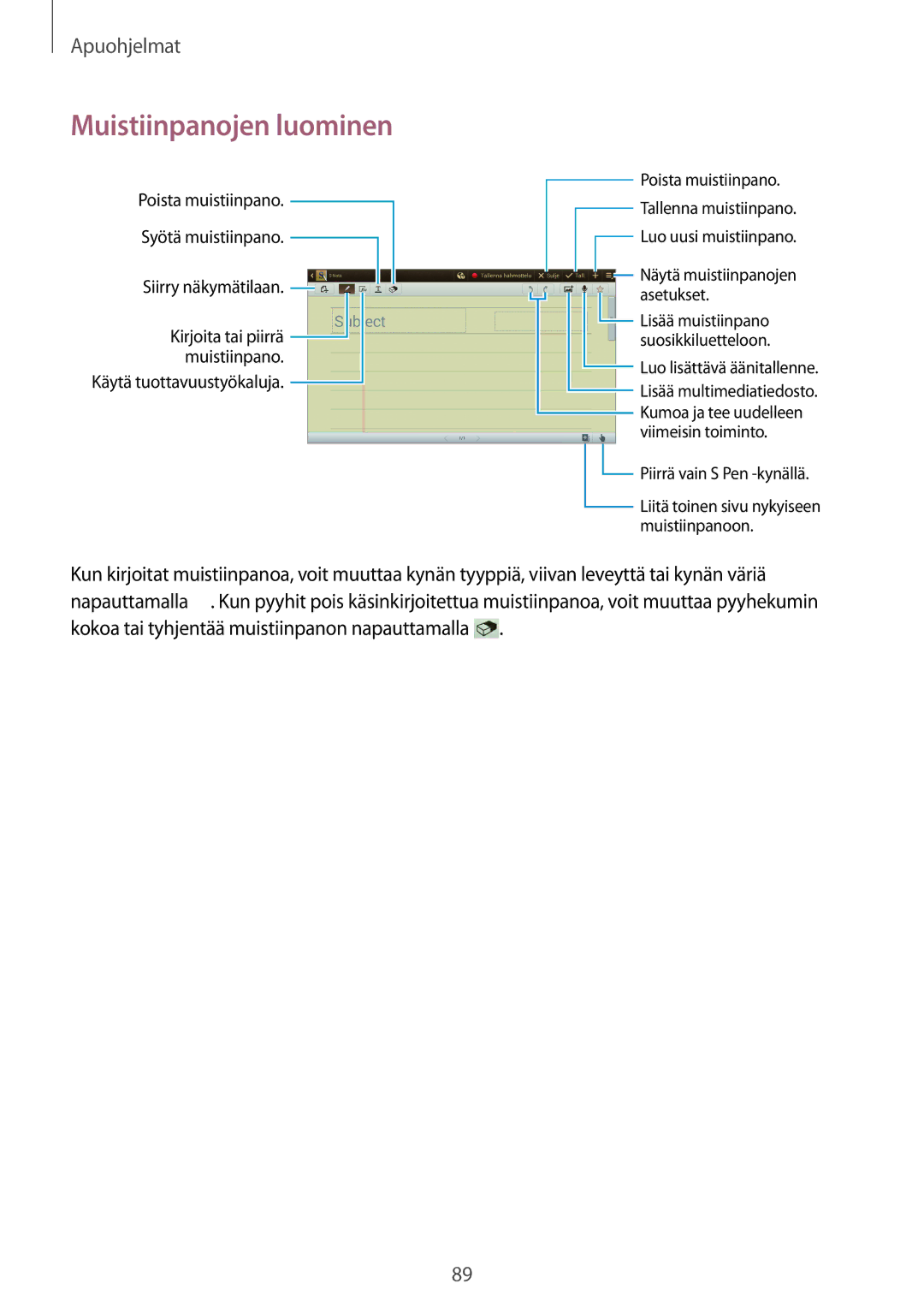 Samsung GT-N8020ZWATLA, GT-N8020EAATLA, GT-N8020EAANEE, GT-N8020ZWATEN, GT-N8020ZWANEE manual Muistiinpanojen luominen 