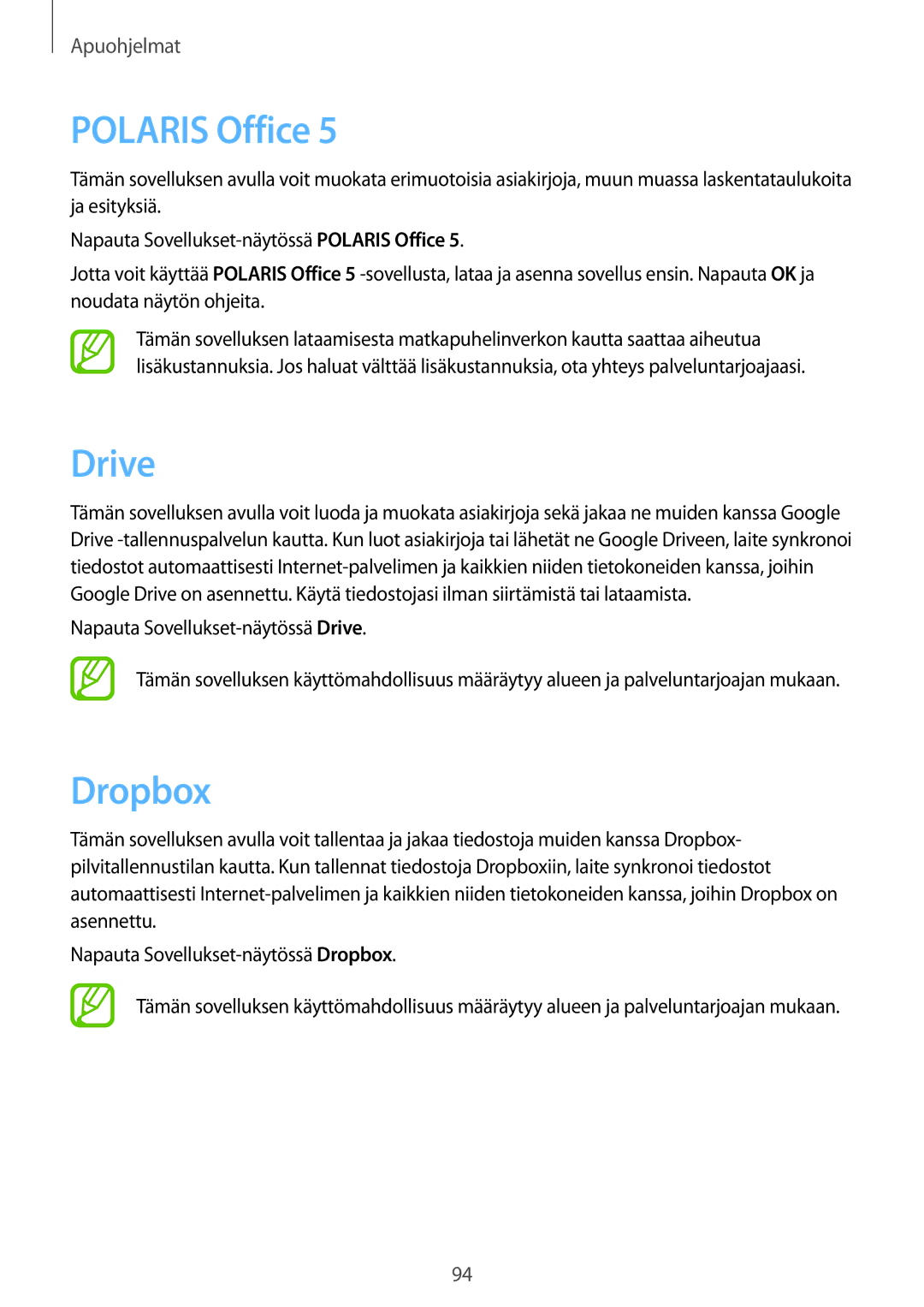 Samsung GT-N8020ZWAHTD, GT-N8020EAATLA, GT-N8020EAANEE, GT-N8020ZWATEN, GT-N8020ZWANEE manual Polaris Office, Drive, Dropbox 