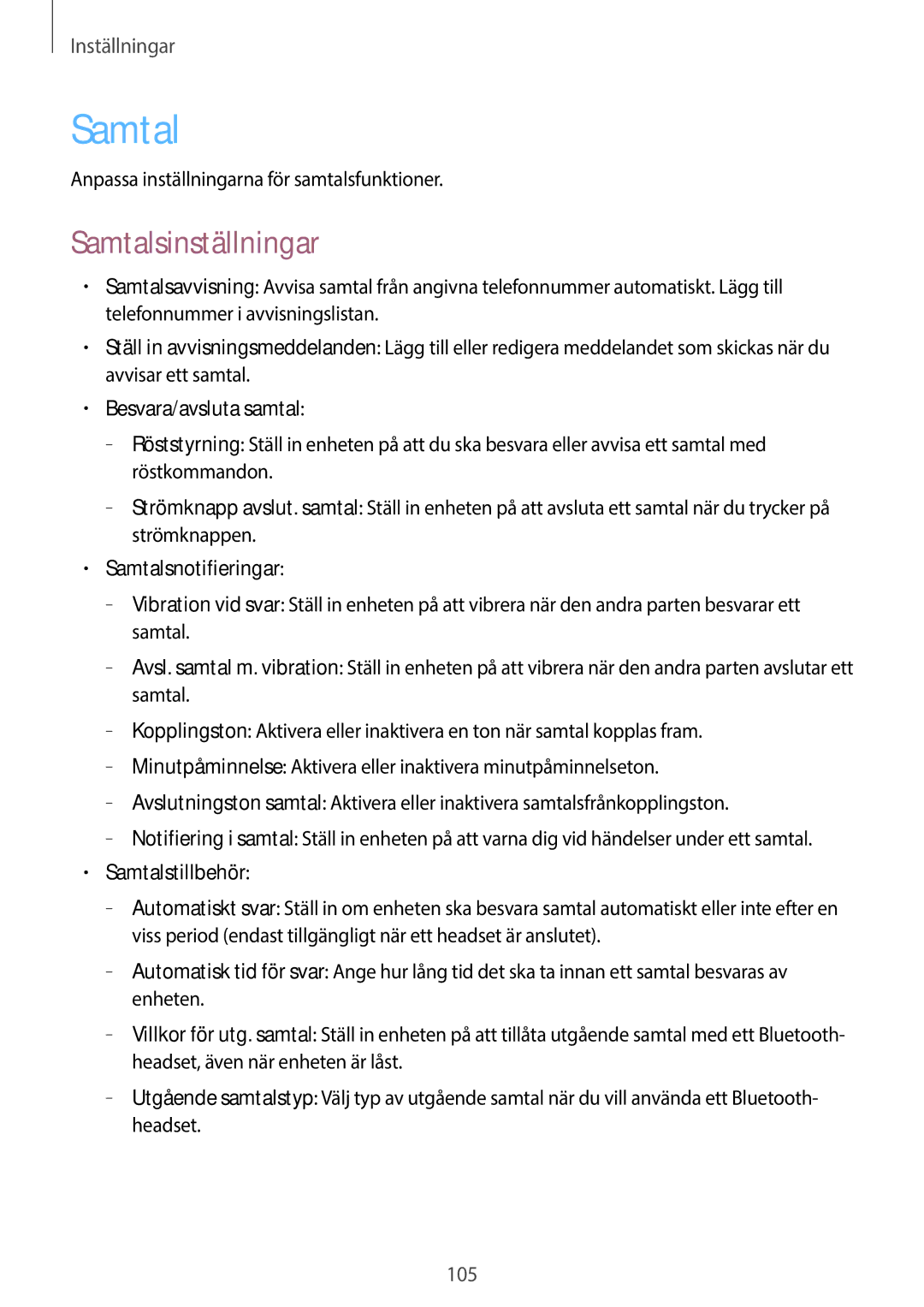 Samsung GT-N8020ZWANEE manual Samtalsinställningar, Besvara/avsluta samtal, Samtalsnotifieringar, Samtalstillbehör 