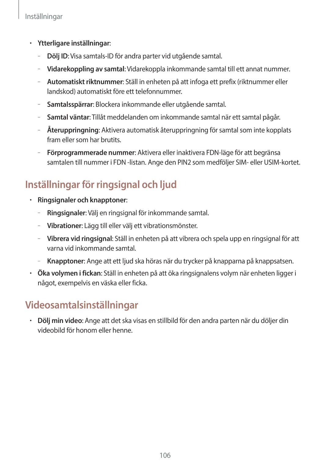 Samsung GT-N8020ZWAHTD manual Inställningar för ringsignal och ljud, Videosamtalsinställningar, Ytterligare inställningar 