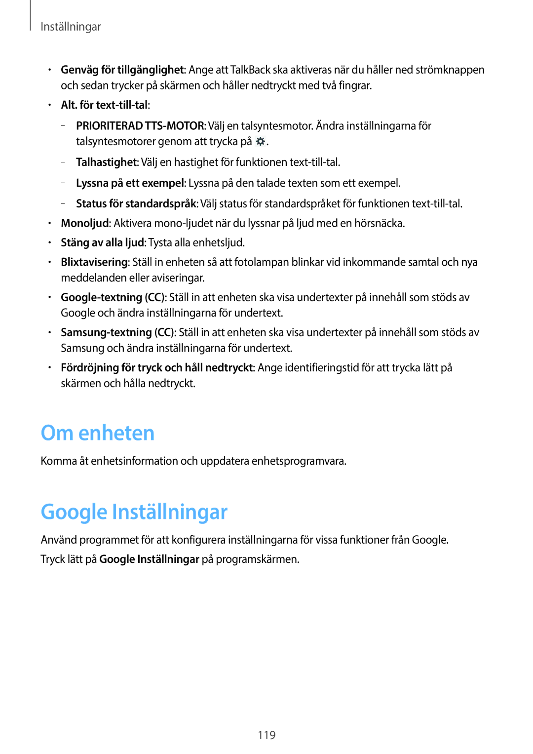Samsung GT-N8020ZWATLA, GT-N8020EAATLA, GT-N8020EAANEE manual Om enheten, Google Inställningar, Alt. för text-till-tal 