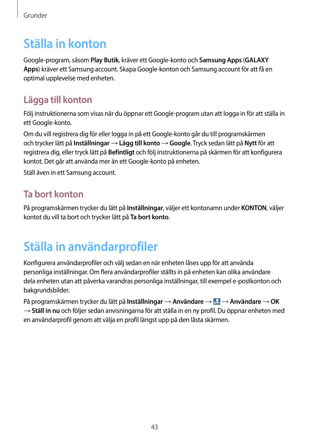 Samsung GT-N8020EAANEE, GT-N8020EAATLA Ställa in konton, Ställa in användarprofiler, Lägga till konton, Ta bort konton 