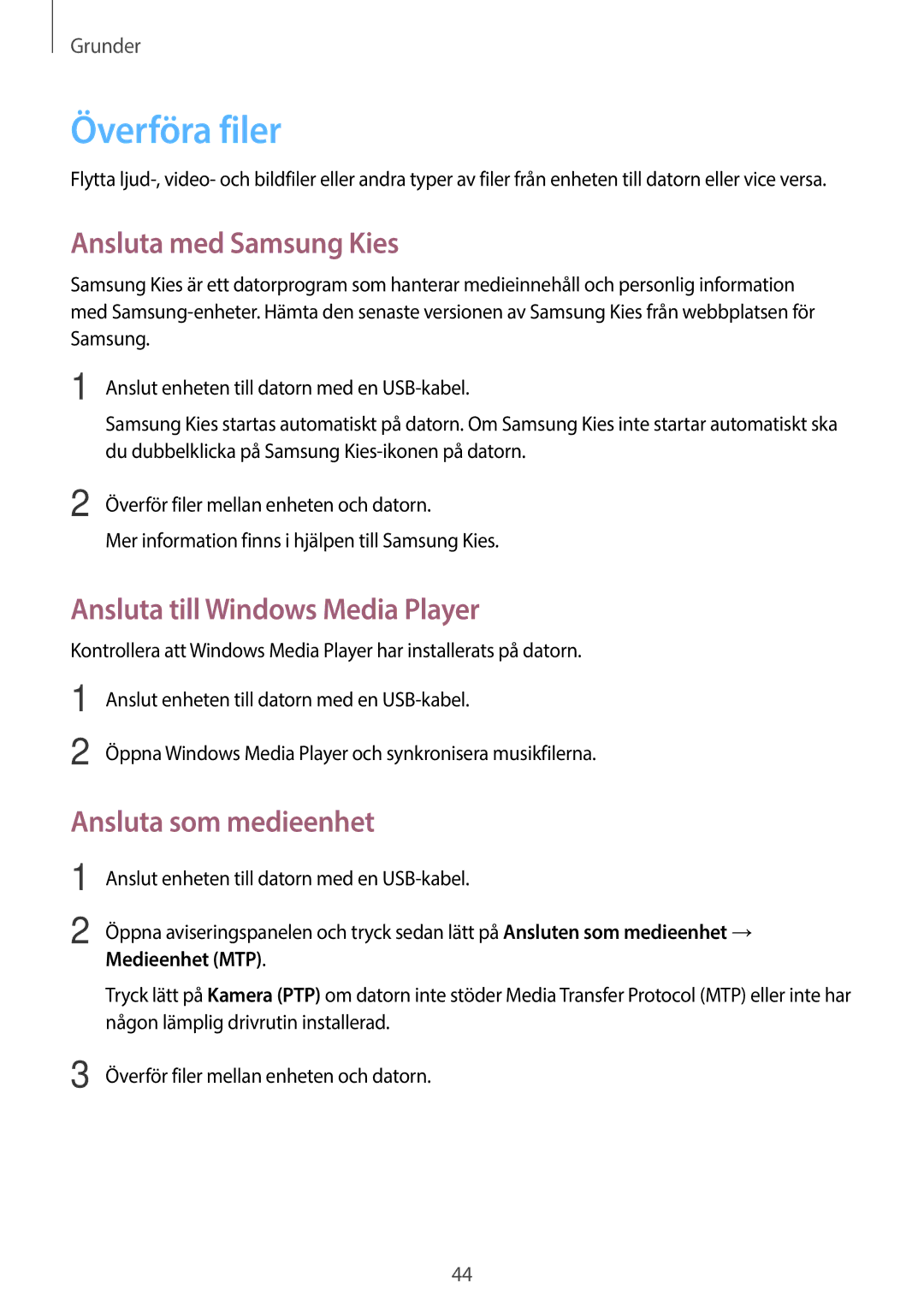 Samsung GT-N8020ZWATEN Överföra filer, Ansluta med Samsung Kies, Ansluta till Windows Media Player, Ansluta som medieenhet 