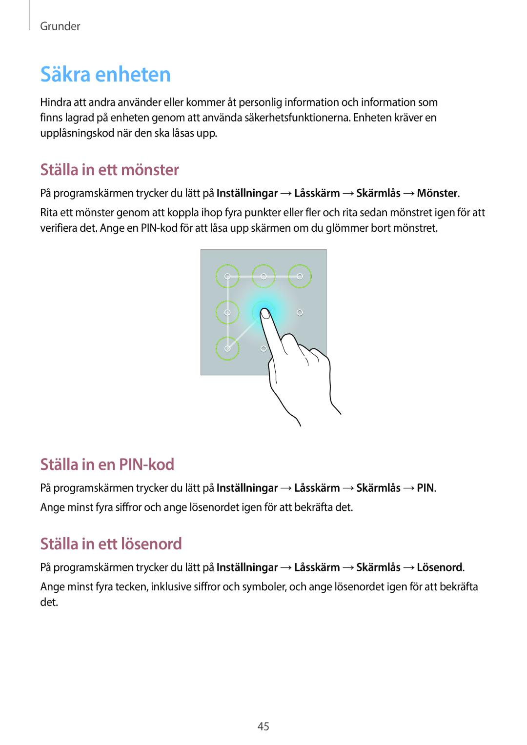 Samsung GT-N8020ZWANEE, GT-N8020EAATLA Säkra enheten, Ställa in ett mönster, Ställa in en PIN-kod, Ställa in ett lösenord 