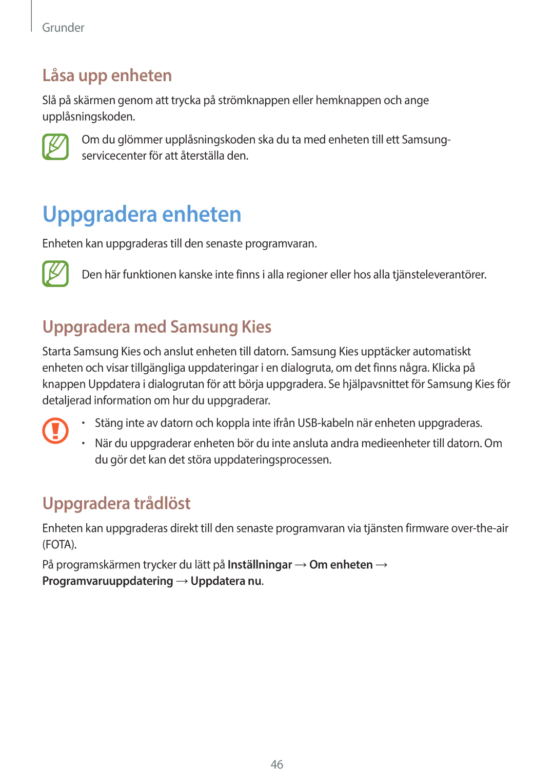 Samsung GT-N8020ZWAHTD manual Uppgradera enheten, Låsa upp enheten, Uppgradera med Samsung Kies, Uppgradera trådlöst 