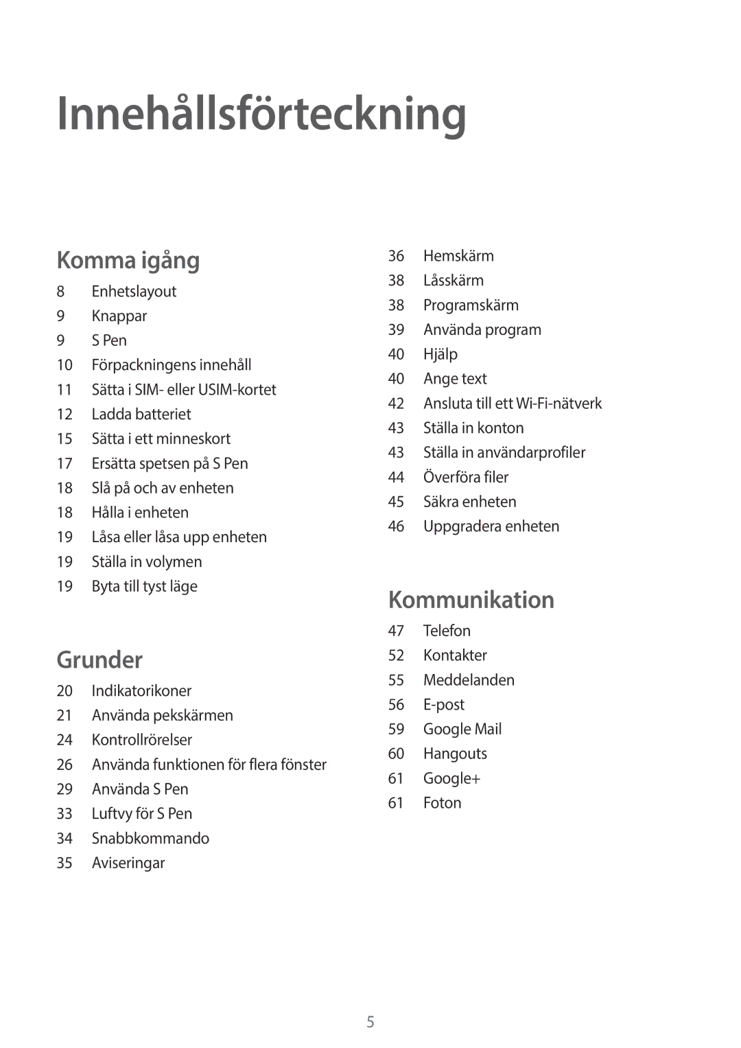 Samsung GT-N8020ZWATLA, GT-N8020EAATLA, GT-N8020EAANEE, GT-N8020ZWATEN, GT-N8020ZWANEE manual Innehållsförteckning, Komma igång 